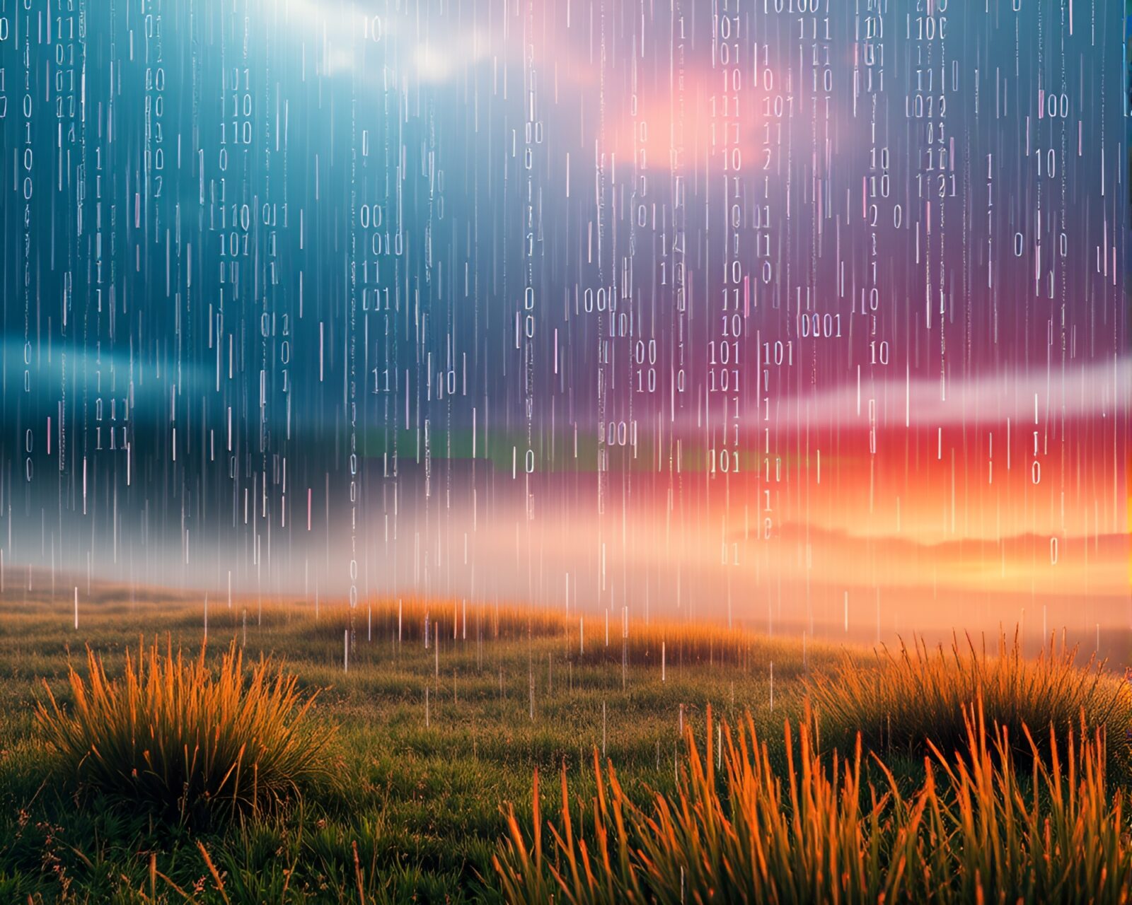 Vibrant macro image of binary code rain on serene landscape