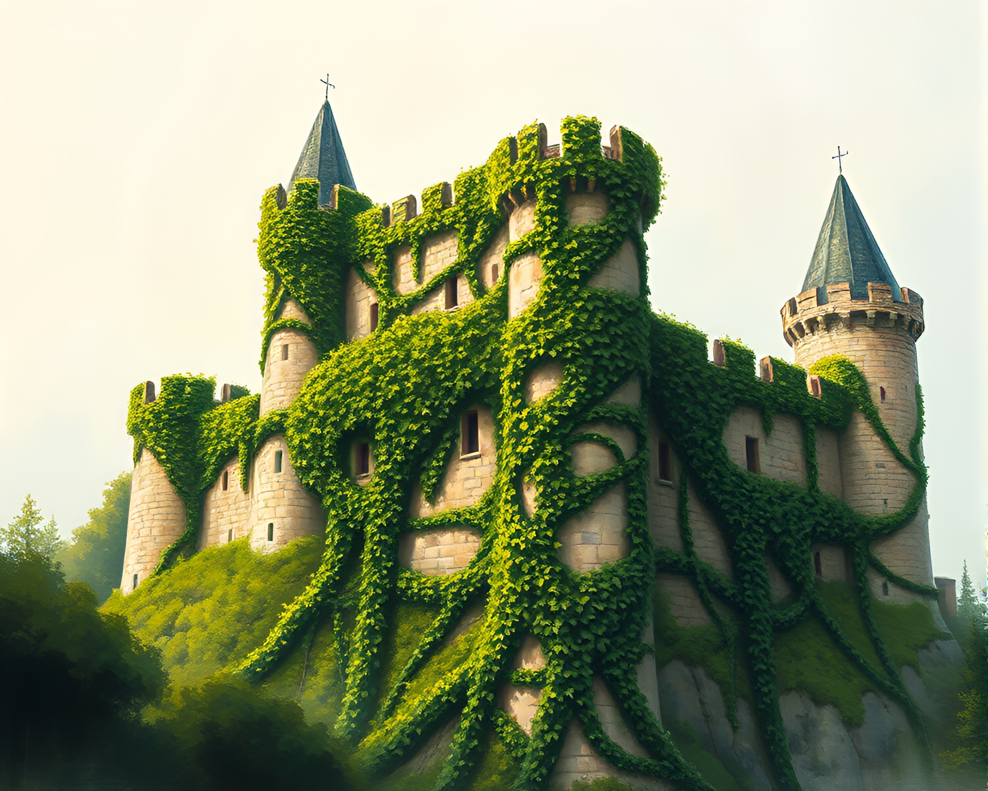 Enchanting Ivy-Covered Fortress in Stunning Oil Painting – free AI stock image