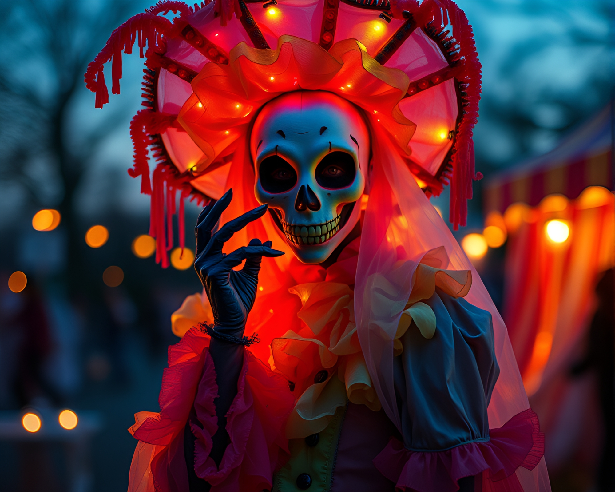Ethereal Carnival Spirit Poses in Twilight Portrait – free AI stock image