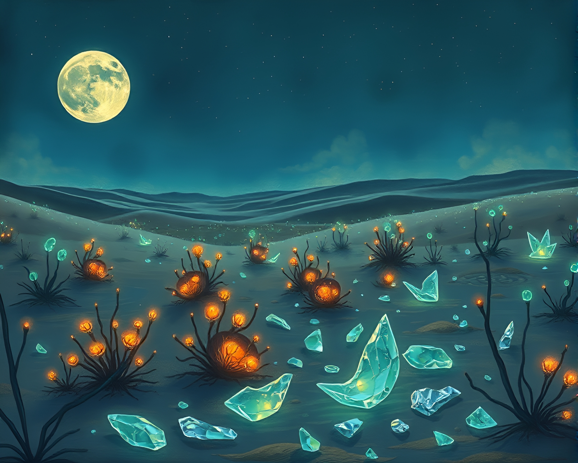 Bioluminescent Plants Illuminate Desert of Glass Shards – free AI stock image