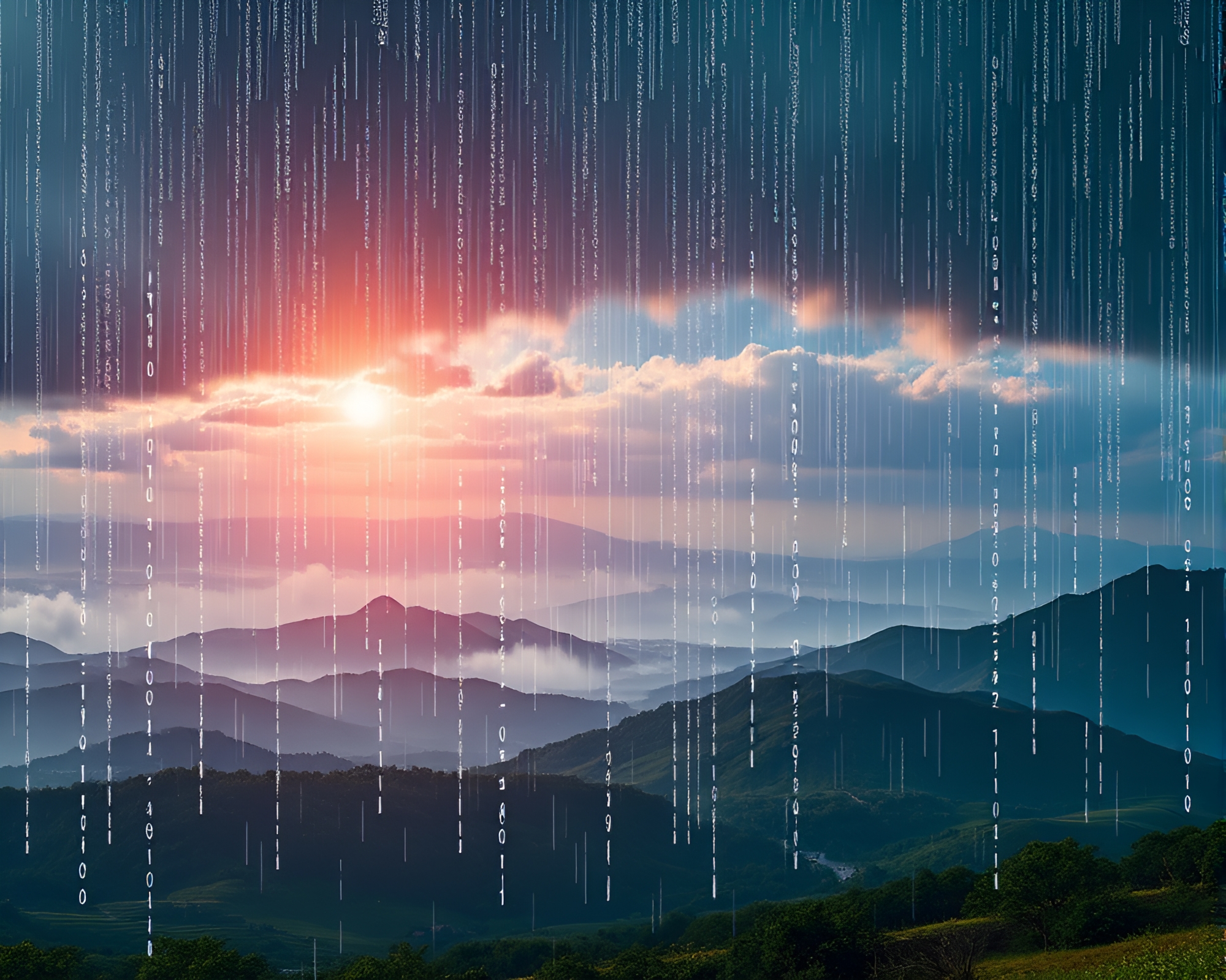 Digital Surrealism: Binary Code Rain Over Captivating Landscape – free AI stock image