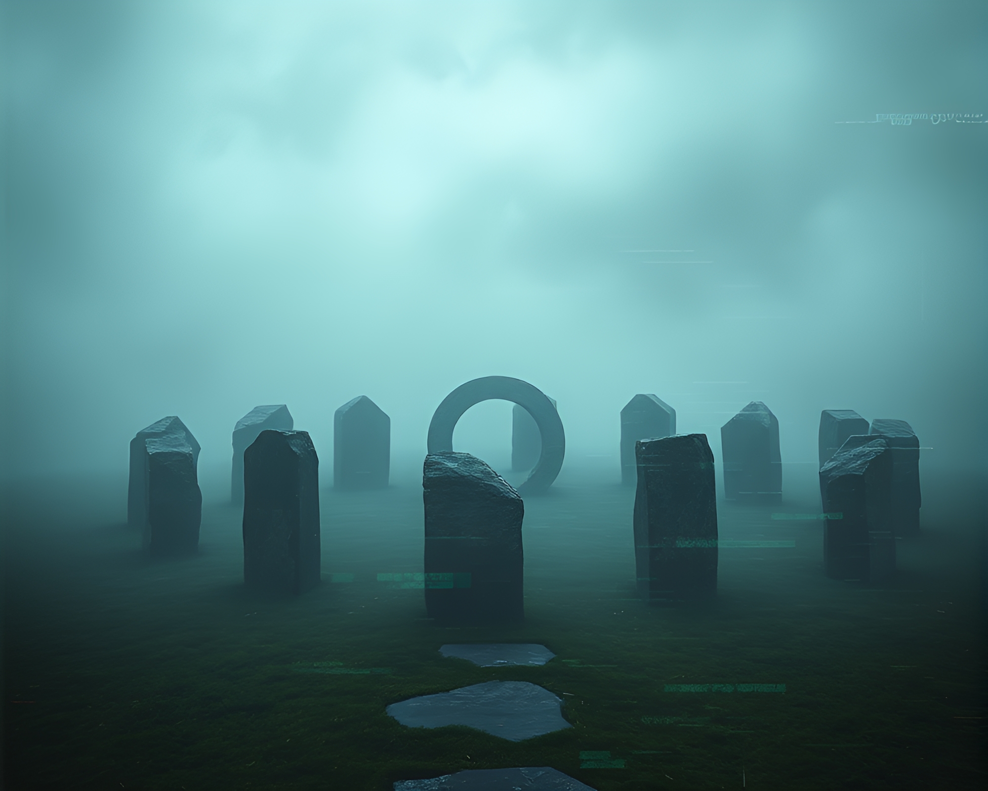 Eerie Druidic Stone Circle with Glitching Digital Artifacts – free AI stock image