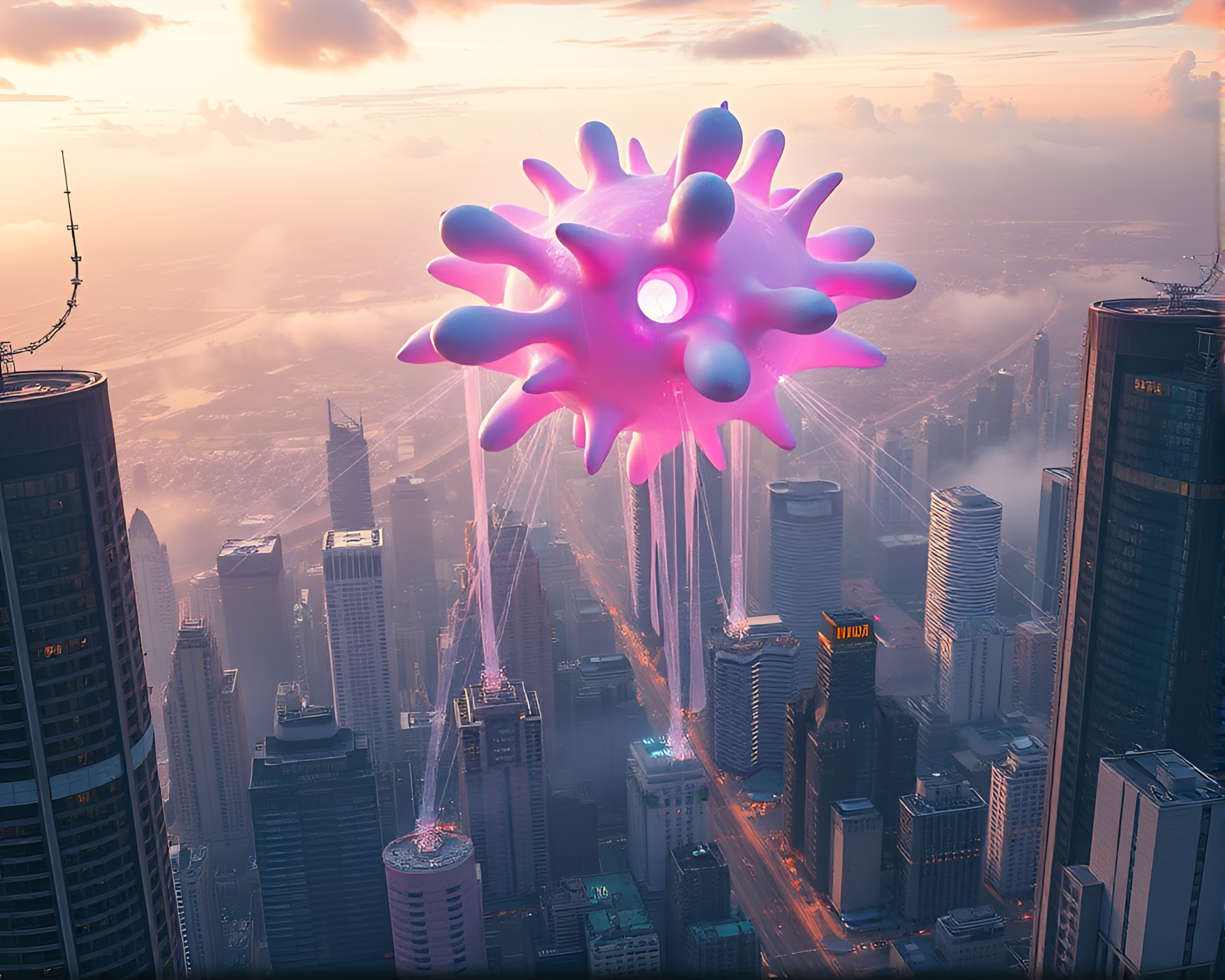 Ethereal Art Installation Shimmers Above Urban Skyline – free AI stock image