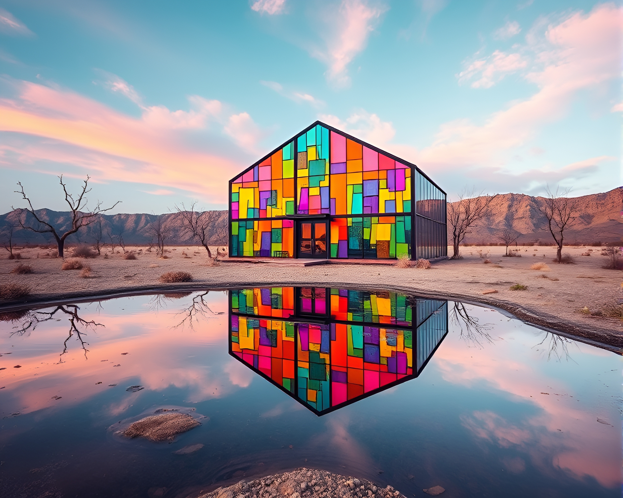 Vibrant Stained Glass Oasis Amidst Dystopian Surroundings – free AI stock image