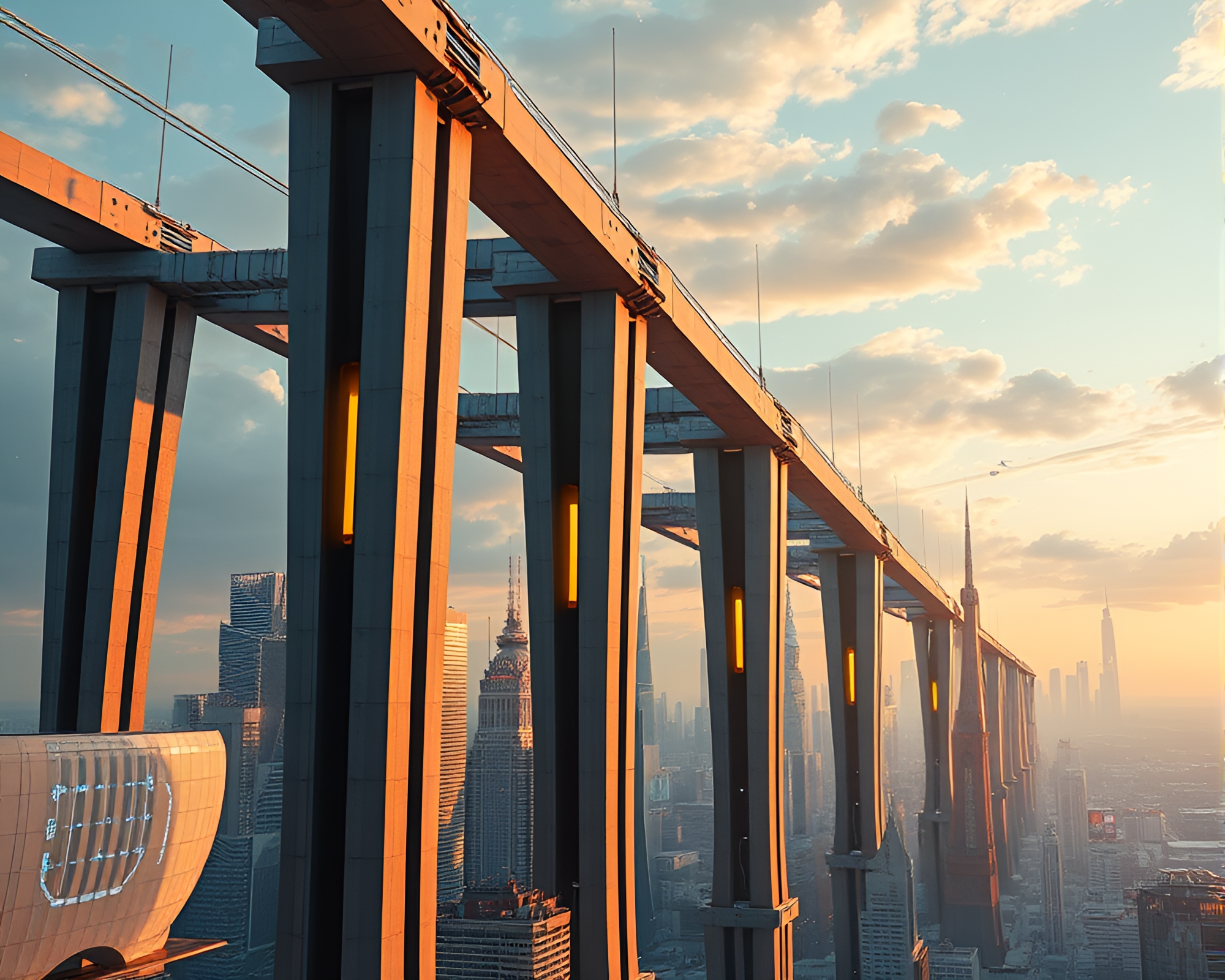 Futuristic Cityscape with Kinetic Graphic Design Elements – free AI stock image