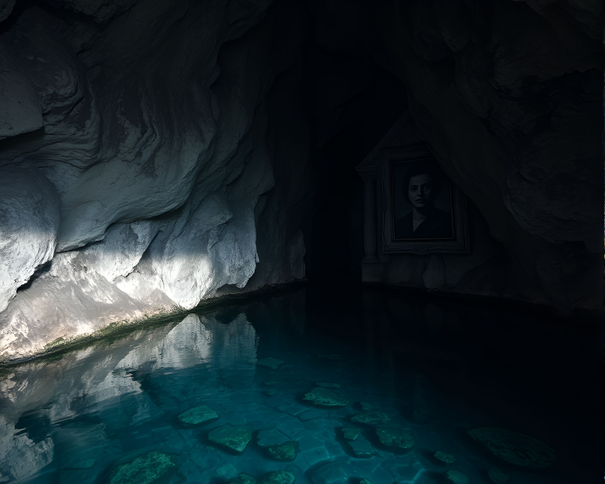 Haunting Crystal Lake with Oppressive Portrait – free AI stock image