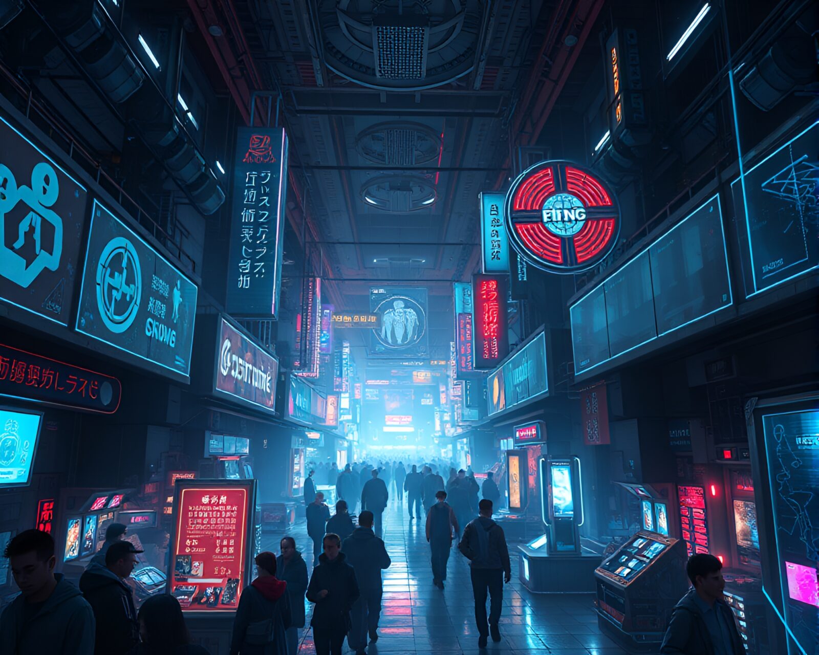 Vibrant holographic bazaar with futuristic tech and neon lights
