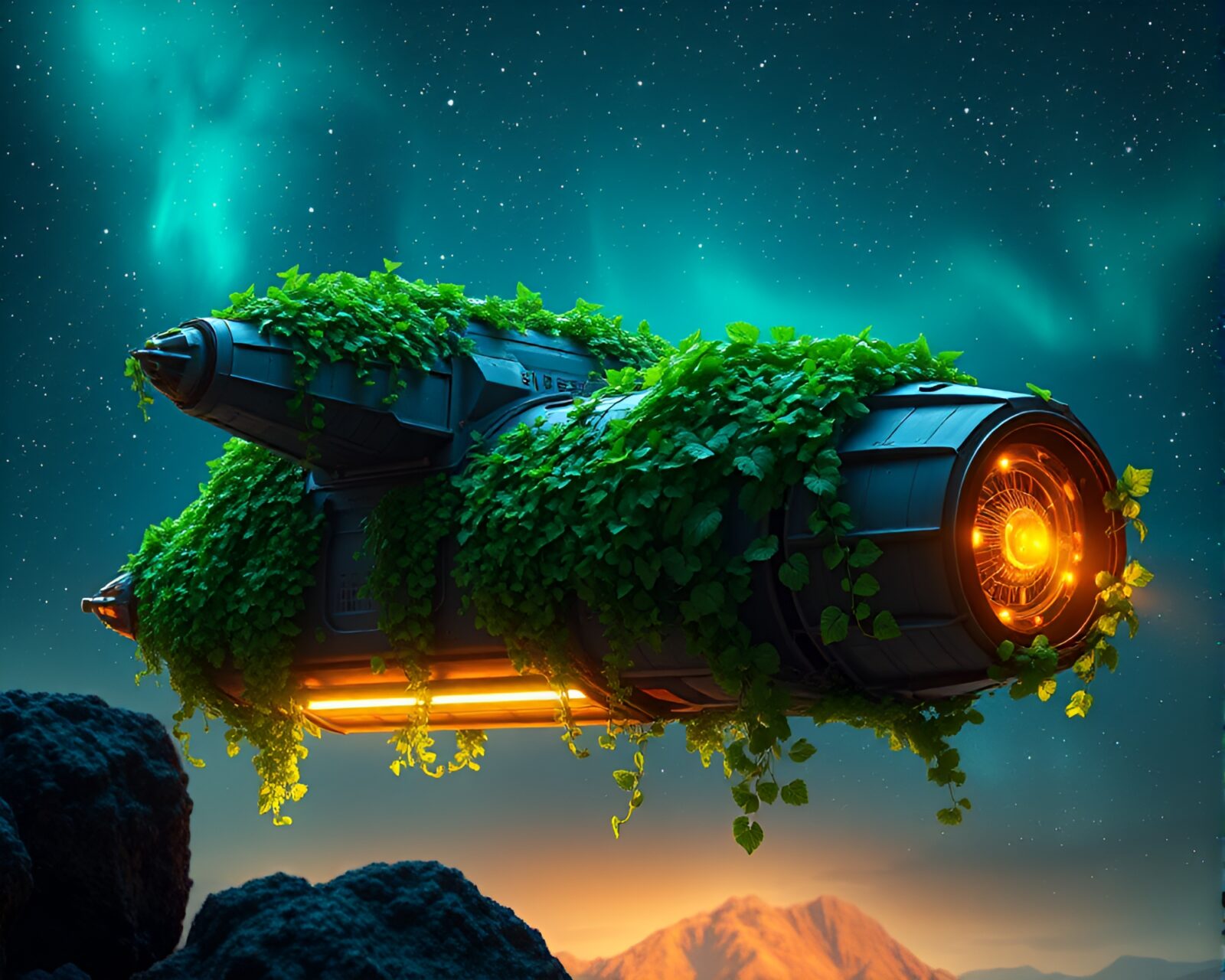 Gleaming spaceship under neon-lit sky covered in ivy