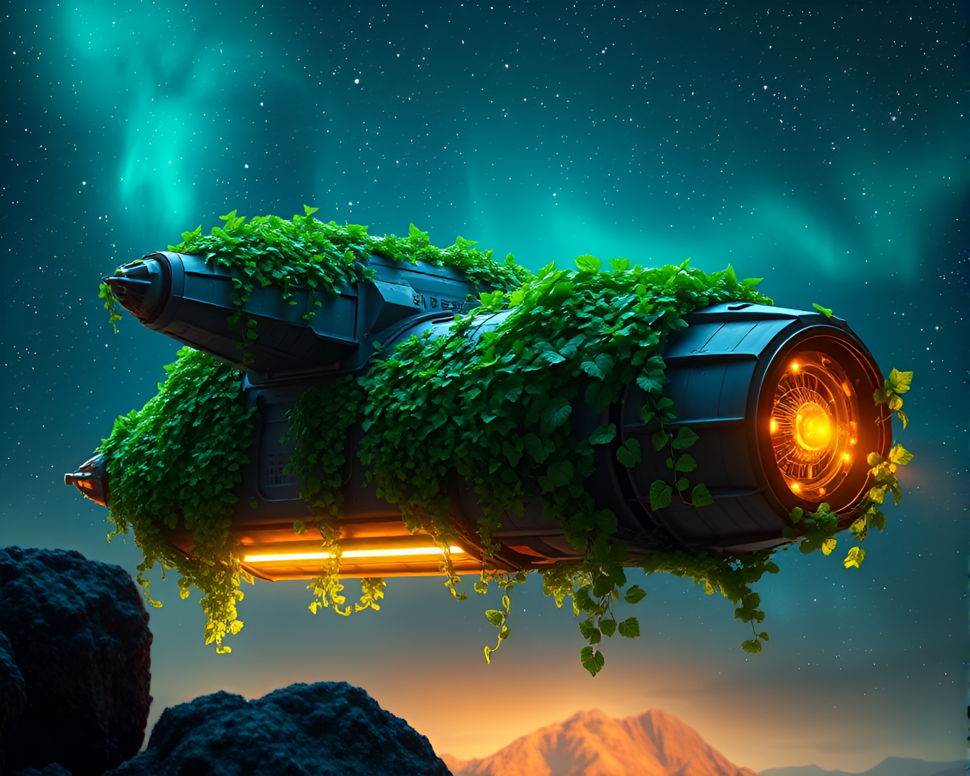 Futuristic Spaceship Enveloped in Vibrant Green Ivy – free AI stock image