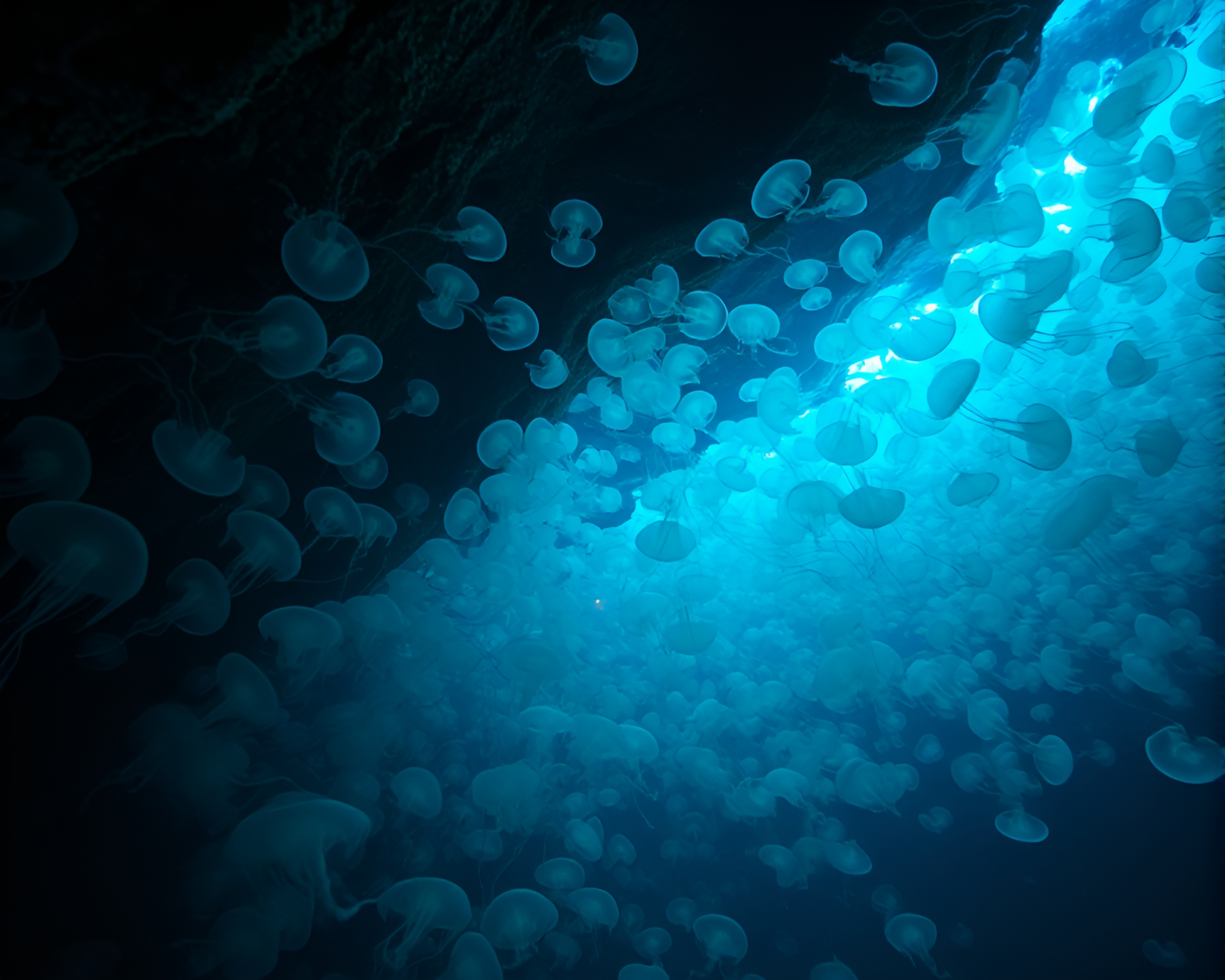 Luminous Jellyfish Swarm in Surreal Underwater Cave – free AI stock image