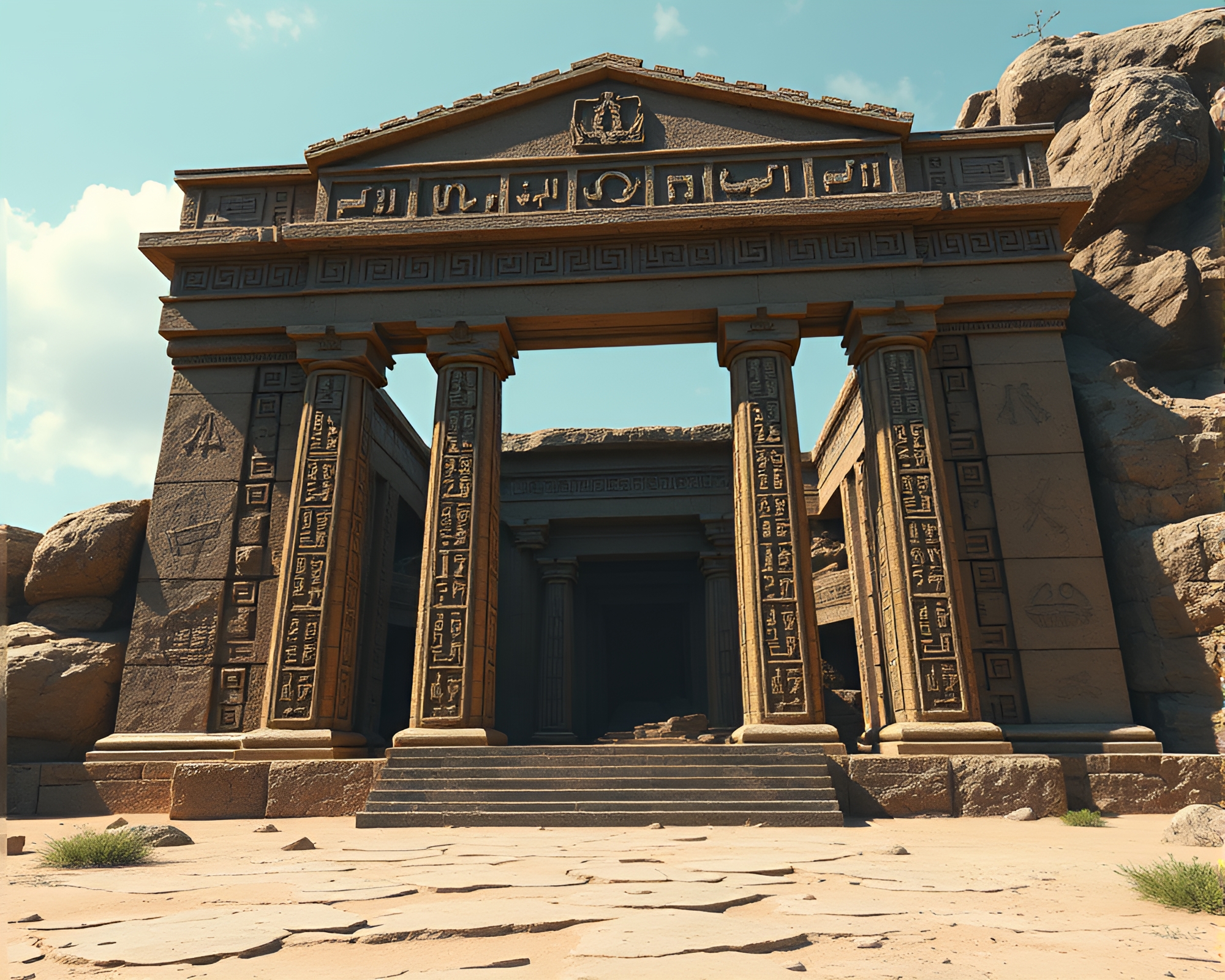 Glyph-covered Ancient Temple Emerging from Shadows in CGI – free AI stock image