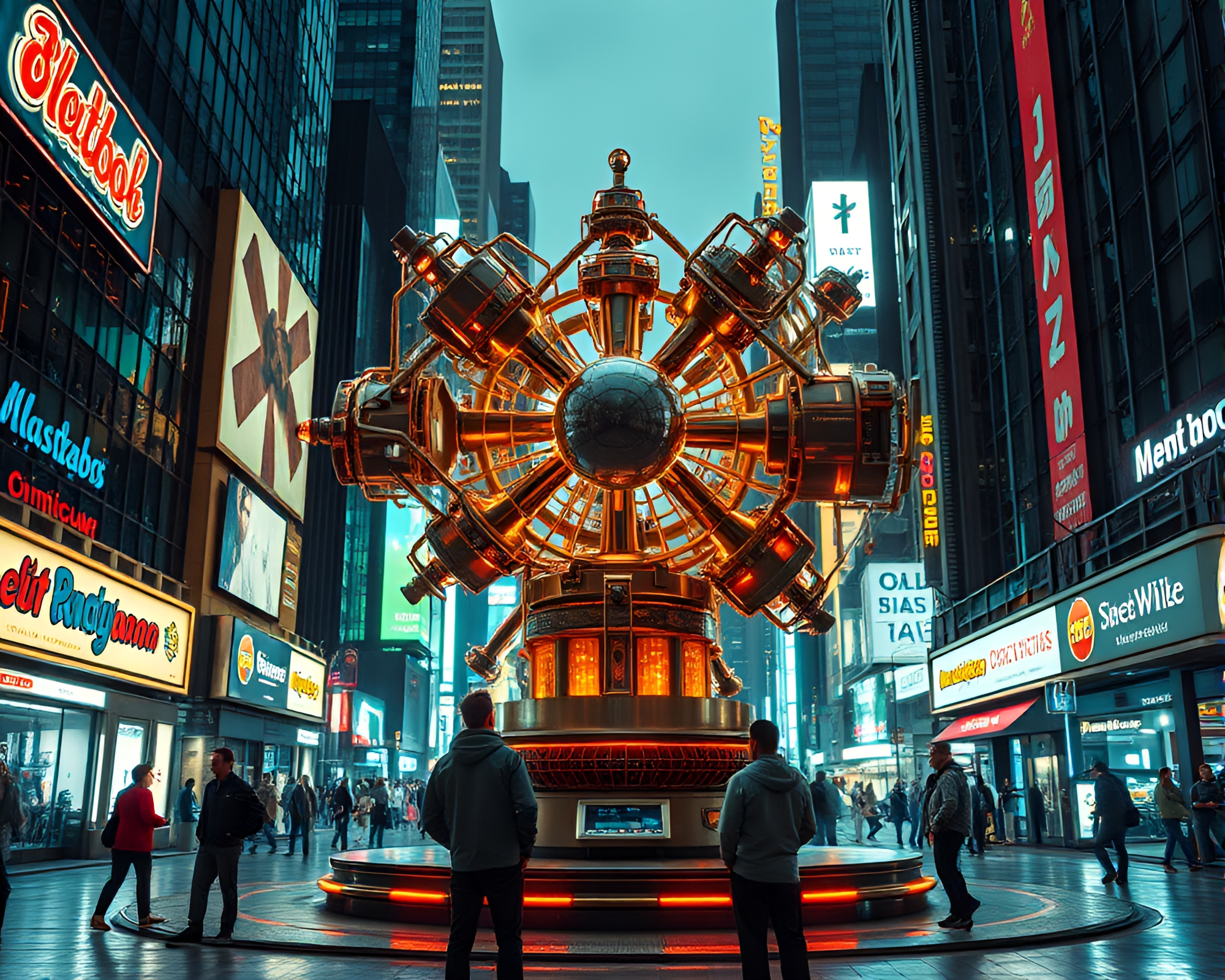 Resonant Kinetic Sculpture Dazzles in Retro-Futuristic Metropolis – free AI stock image