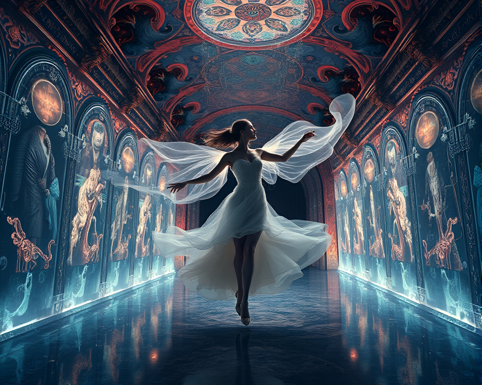 Ethereal Figure Dances Among Shimmering Lights in Dreamlike Memory Palace – free AI stock image