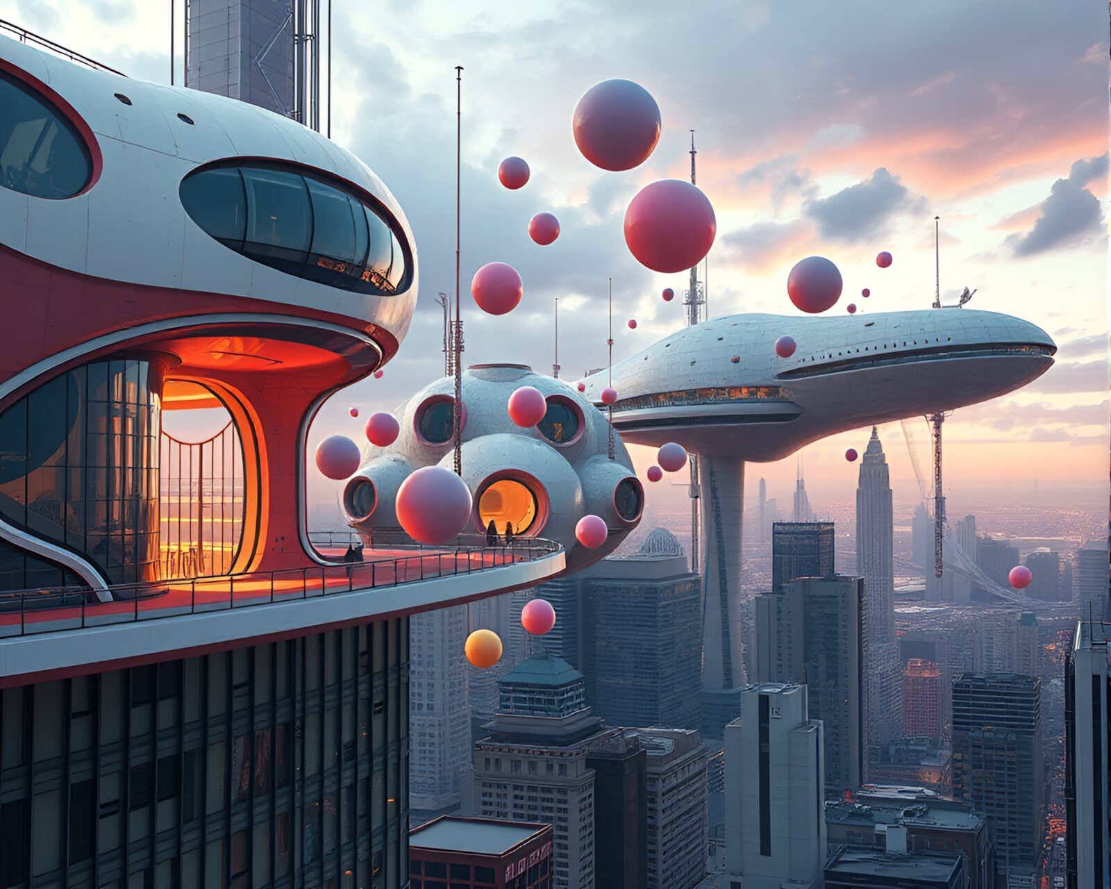 Futuristic architecture and whimsical shapes forming modern art installation