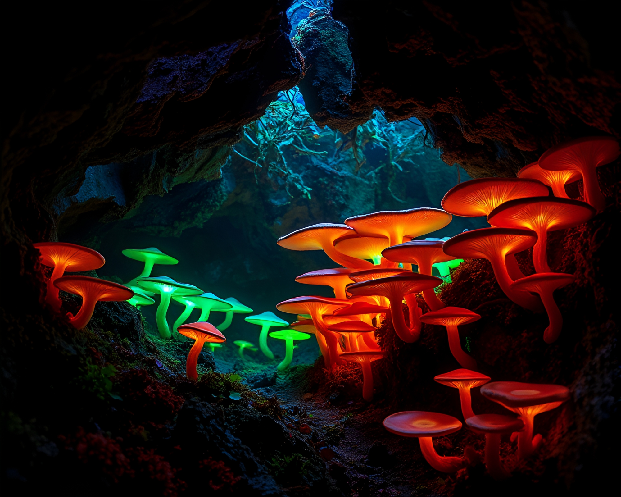 Enchanting Subterranean Fungus Forest Illuminated by Acrylic Lights – free AI stock image