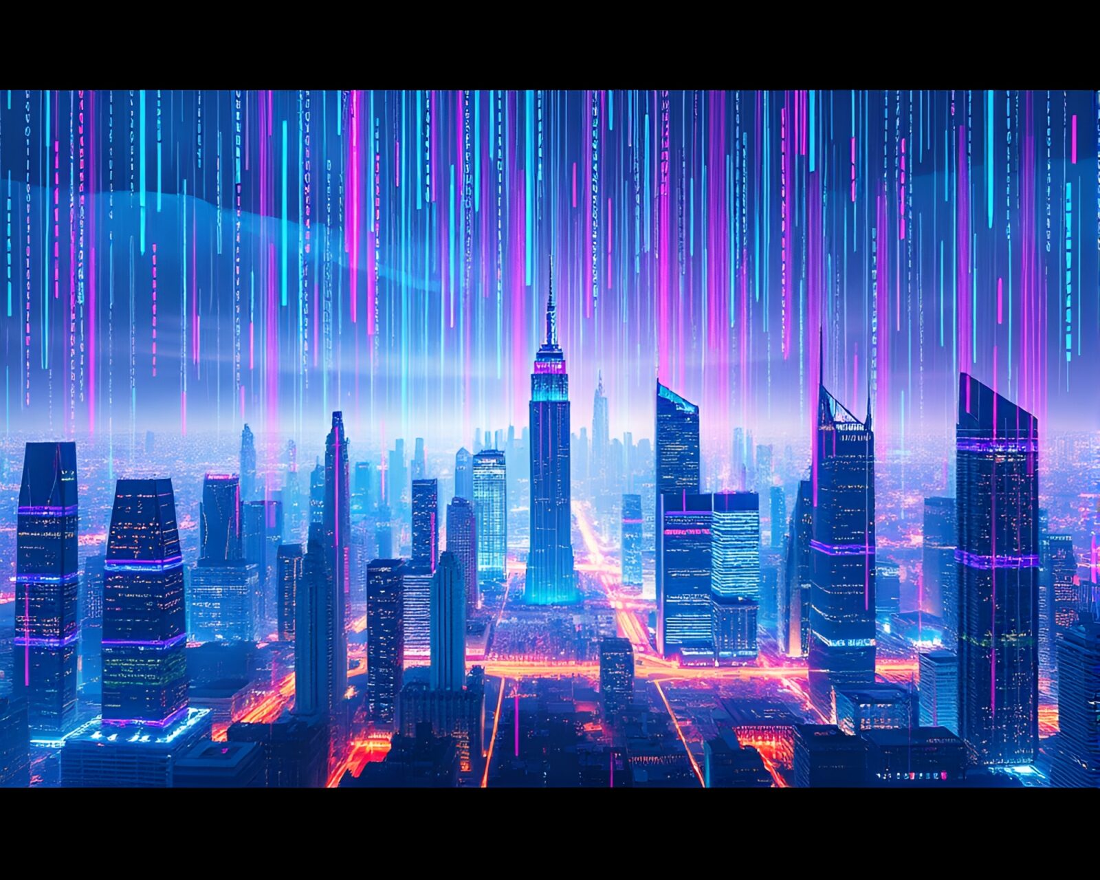 Futuristic cityscape with shimmering rainbow-hued binary code rain.