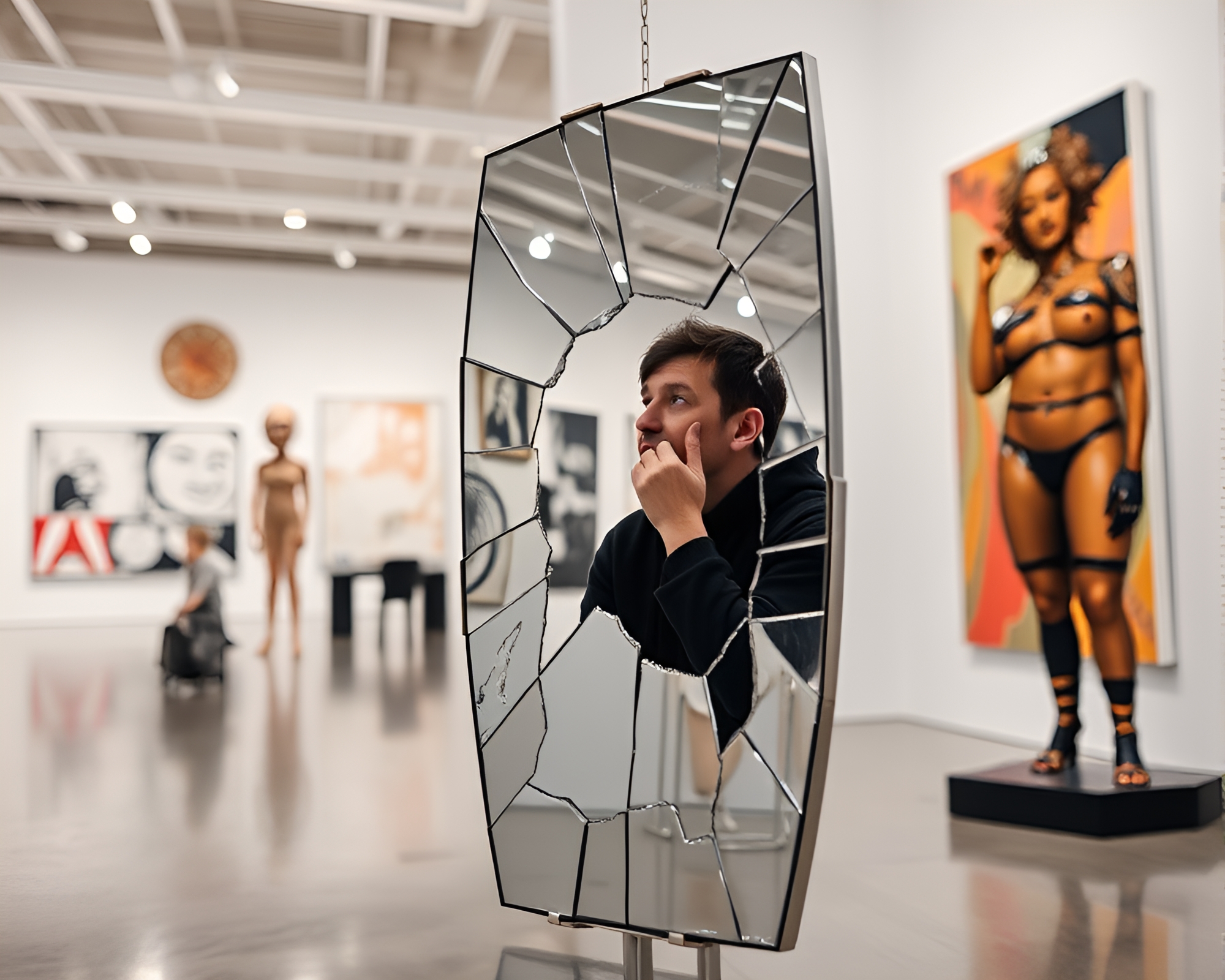 Contemplative Figure Reflected in Shattered Mirror Art Installation – free AI stock image