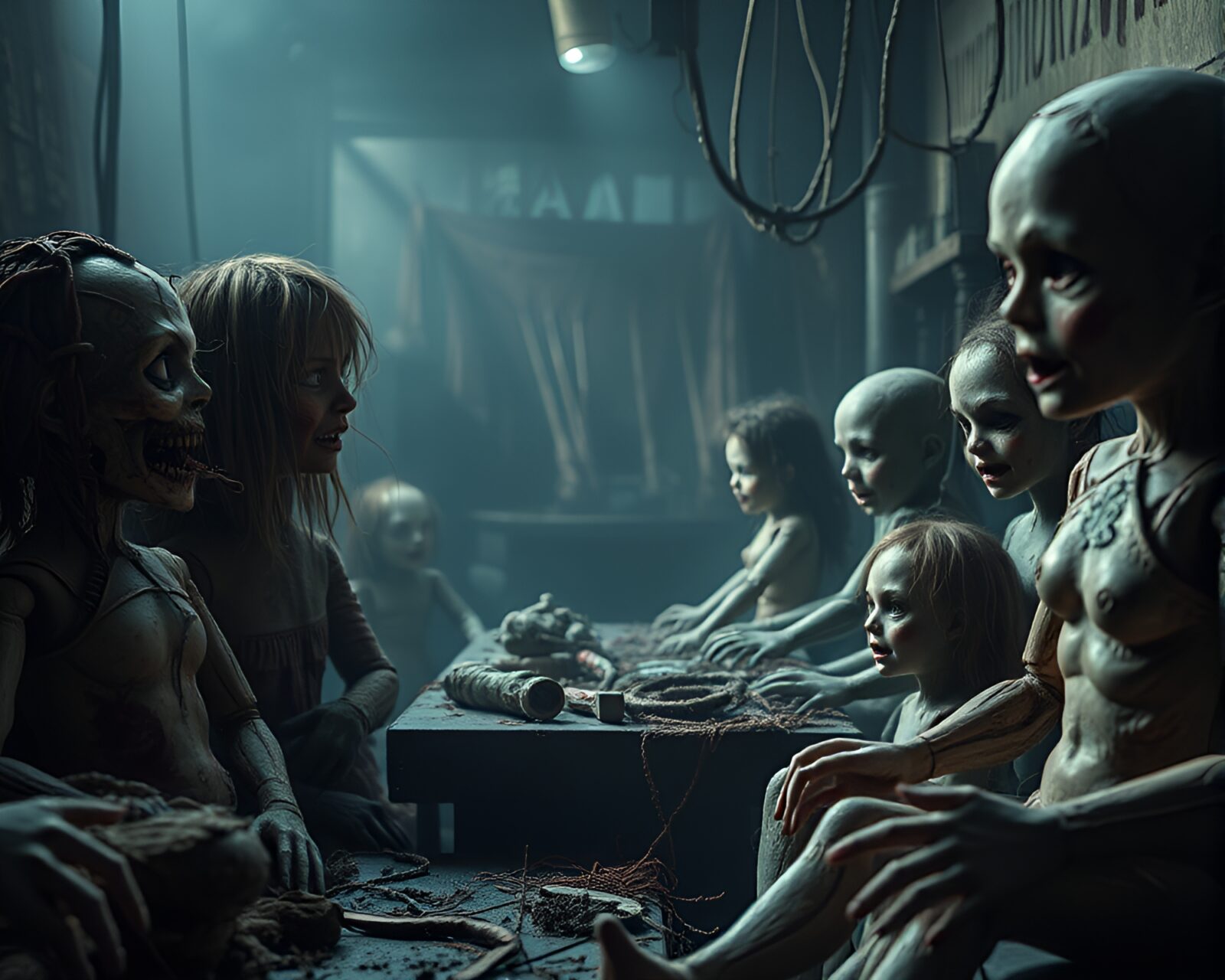 Eerie dolls under dim acrylic lights in dystopian world