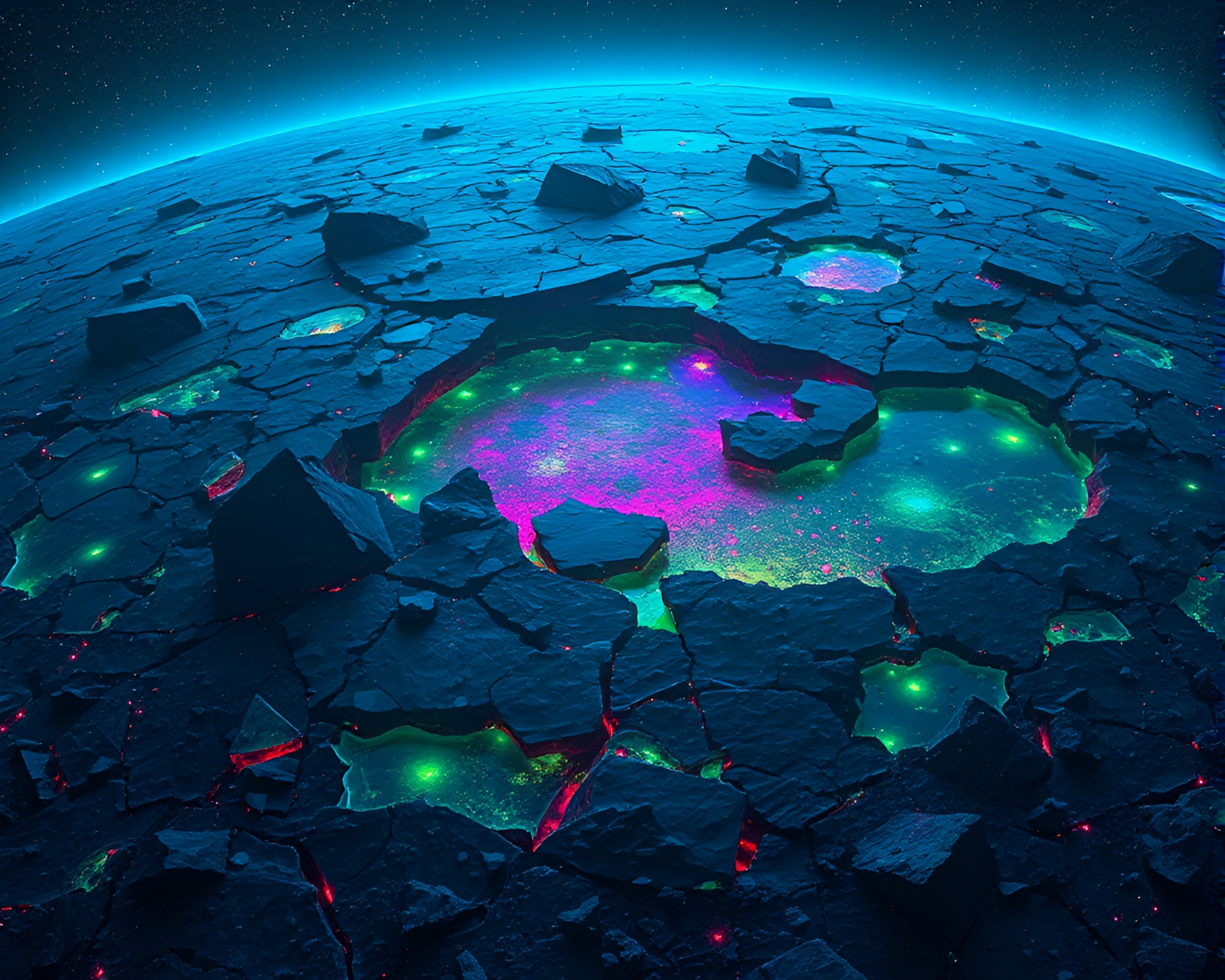 Shattered Planet Surface With Bioluminescent Stained Glass Features – free AI stock image