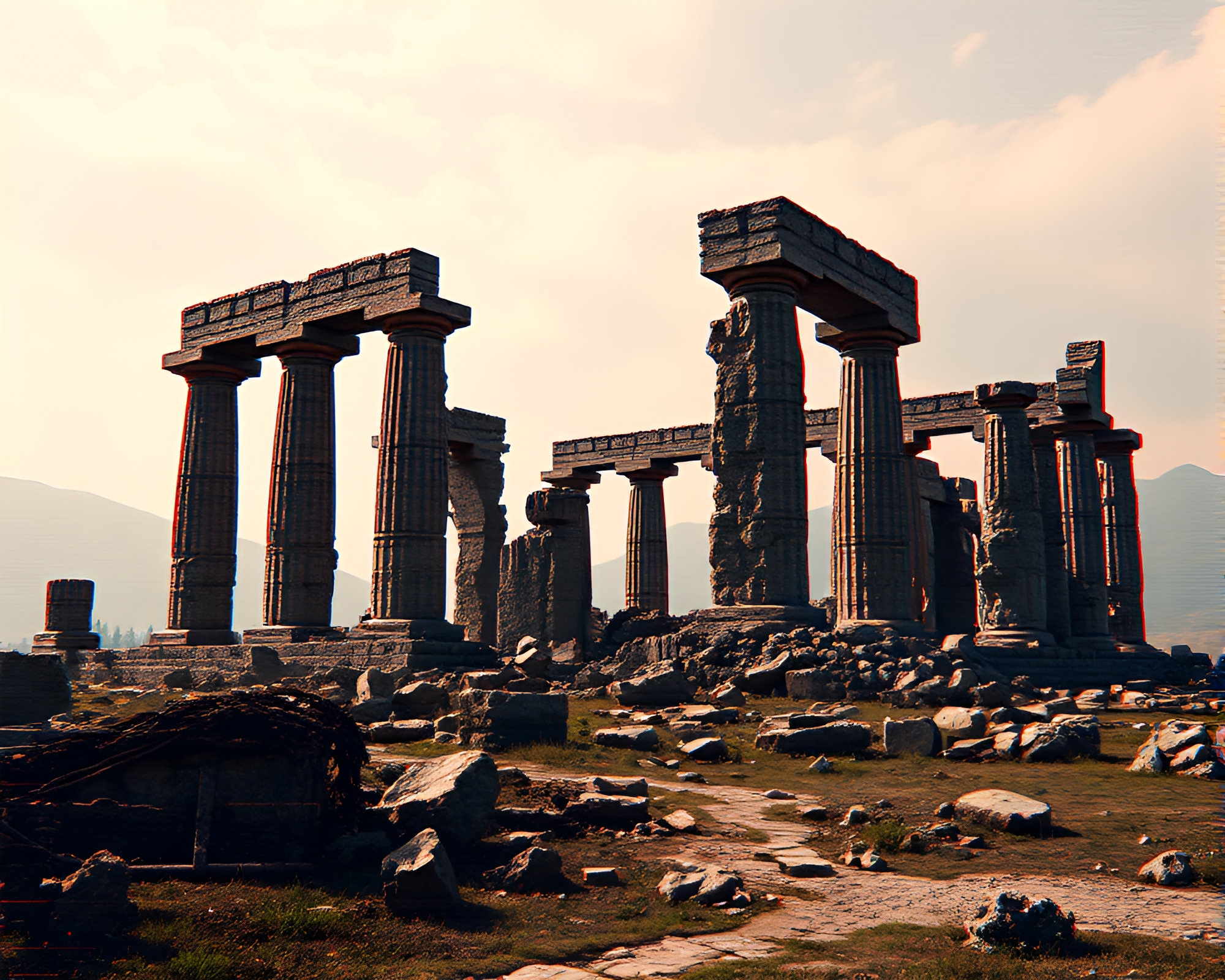 Decaying Monolithic Ruins Transformed by Glitch Art – free AI stock image