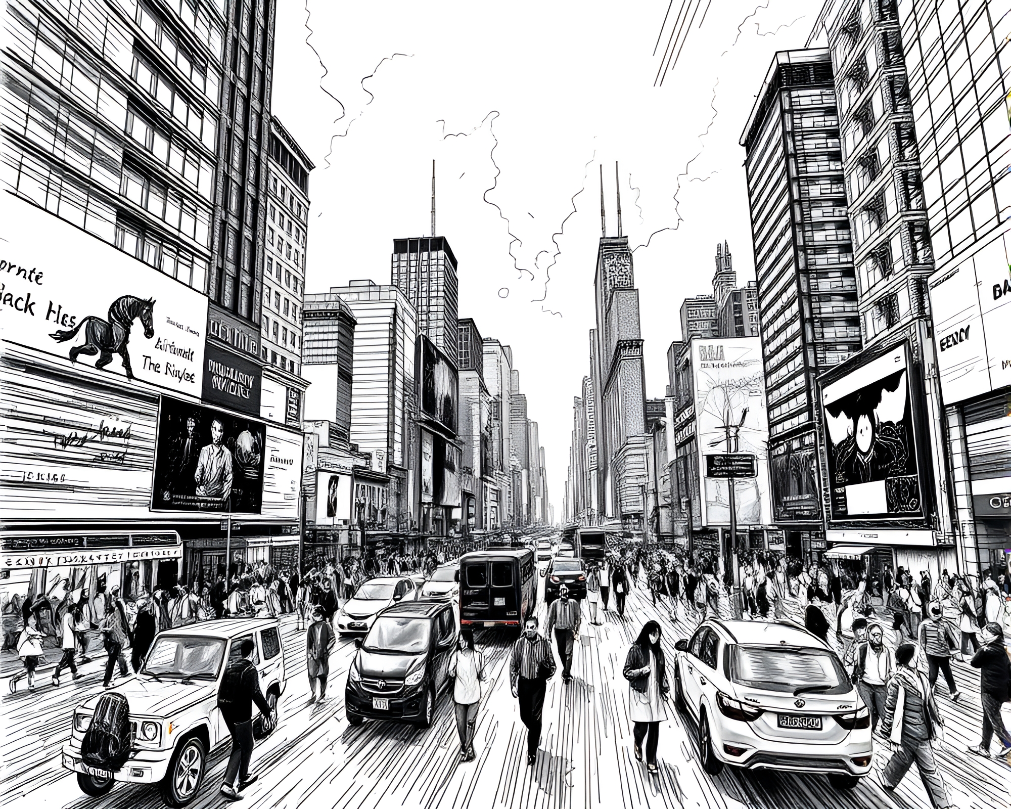 Dynamic Cityscape Time-Lapse in Windswept Ink Drawing – free AI stock image