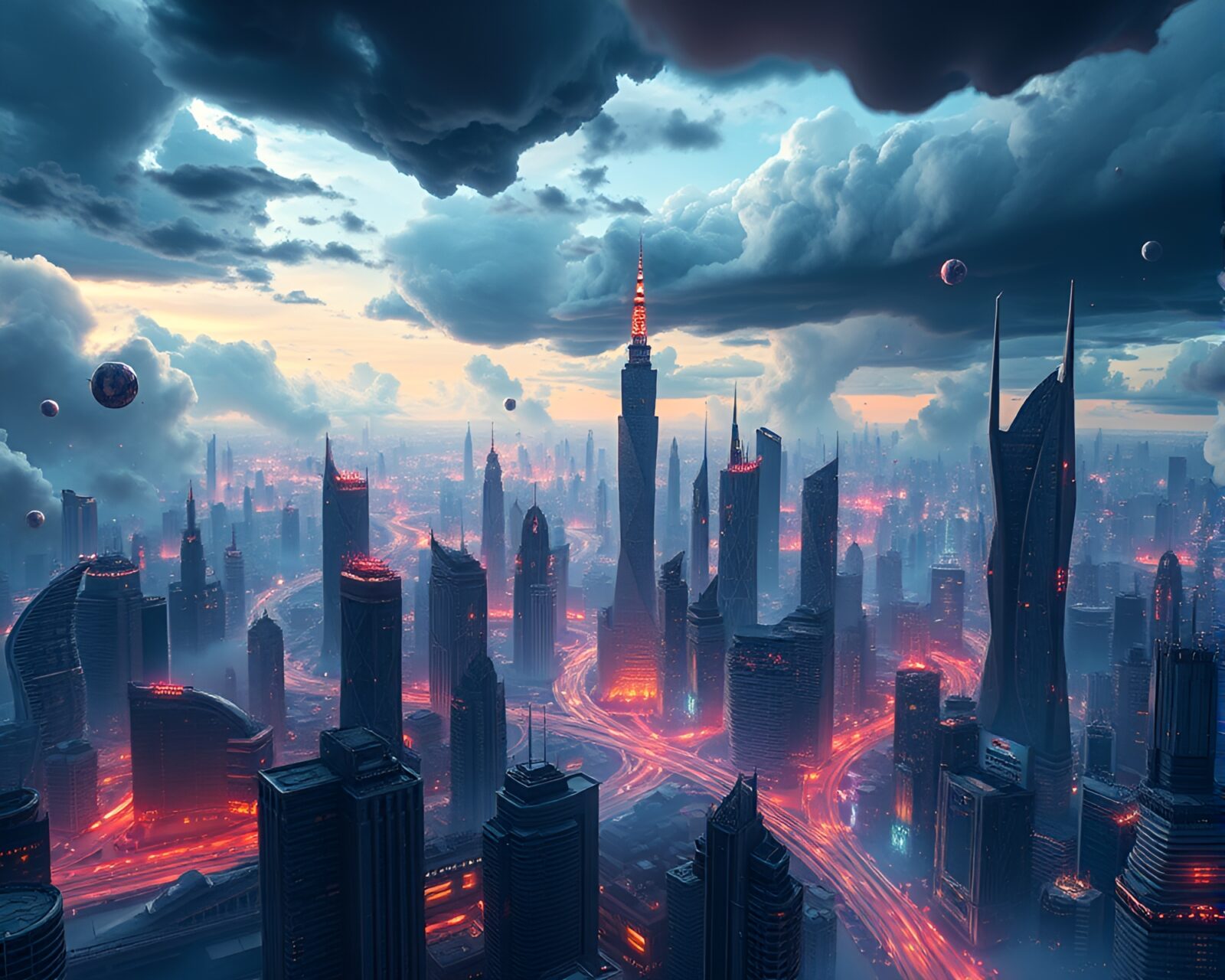 Surreal scene of futuristic city under iron-cloud sky with mystical elements