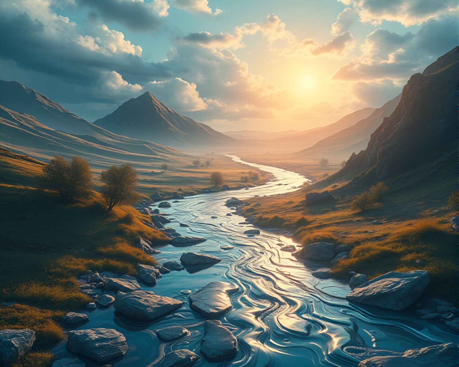 Beautiful artistic landscape with liquid mercury river flow.