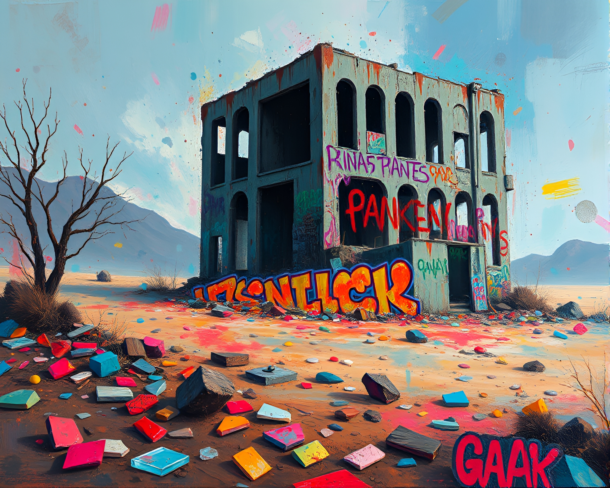Frenetic Neon Graffiti in Glass Shard Desert Decay – free AI stock image