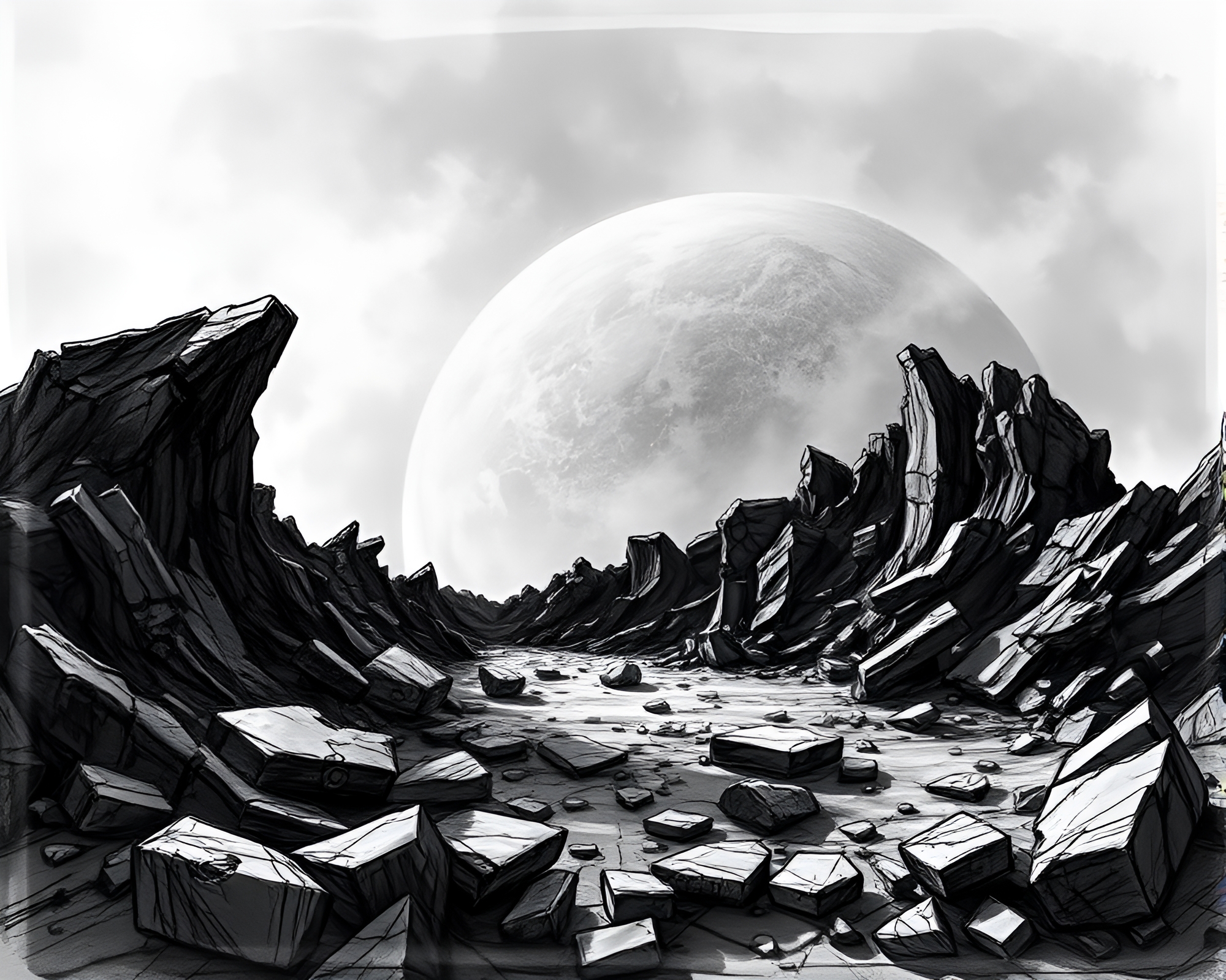 Shattered Planet Surface in Sketch Style – free AI stock image