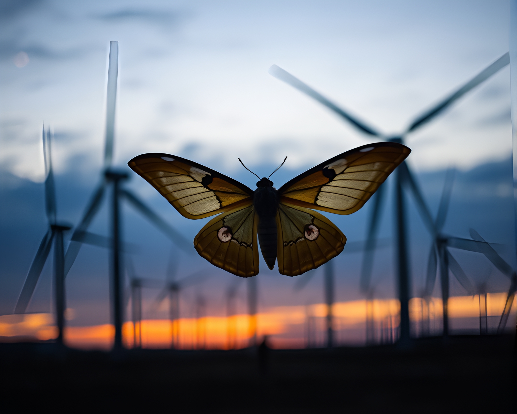 Ethereal Moth Fluttering Through Wind Farm at Dusk – free AI stock image