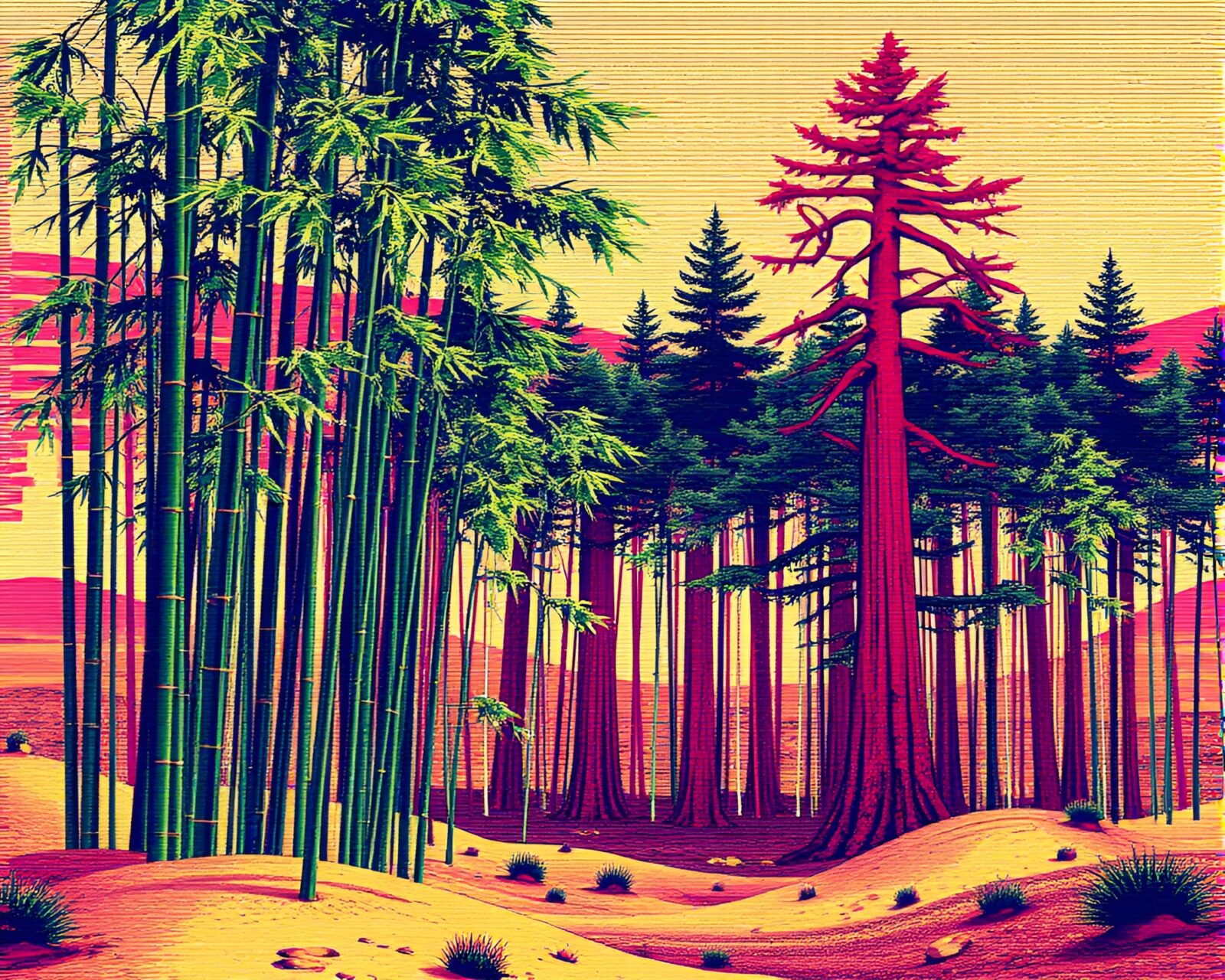 Glitchy ASCII art of bamboo and redwood trees in desert landscape