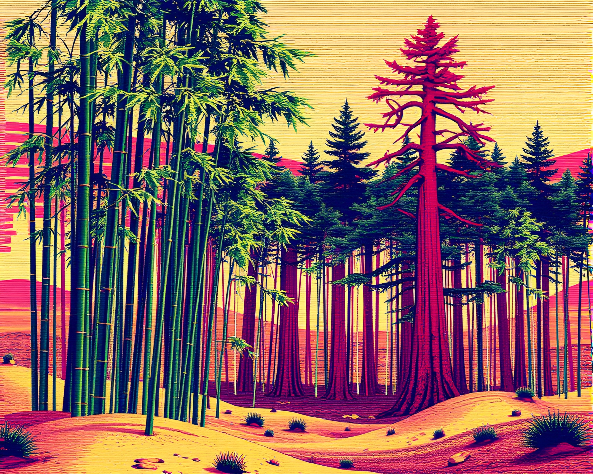 Surreal ASCII Art Landscape of Bamboo and Redwood Fusion – free AI stock image