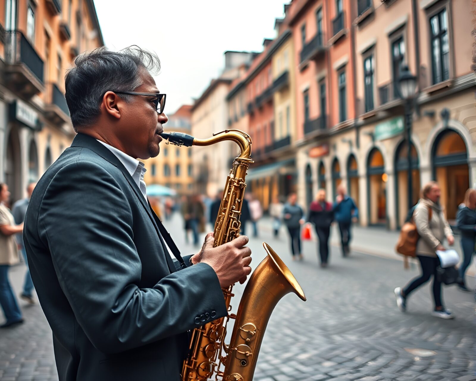 Vibrant street musician playing saxophone with cobblestone buildings backdrop