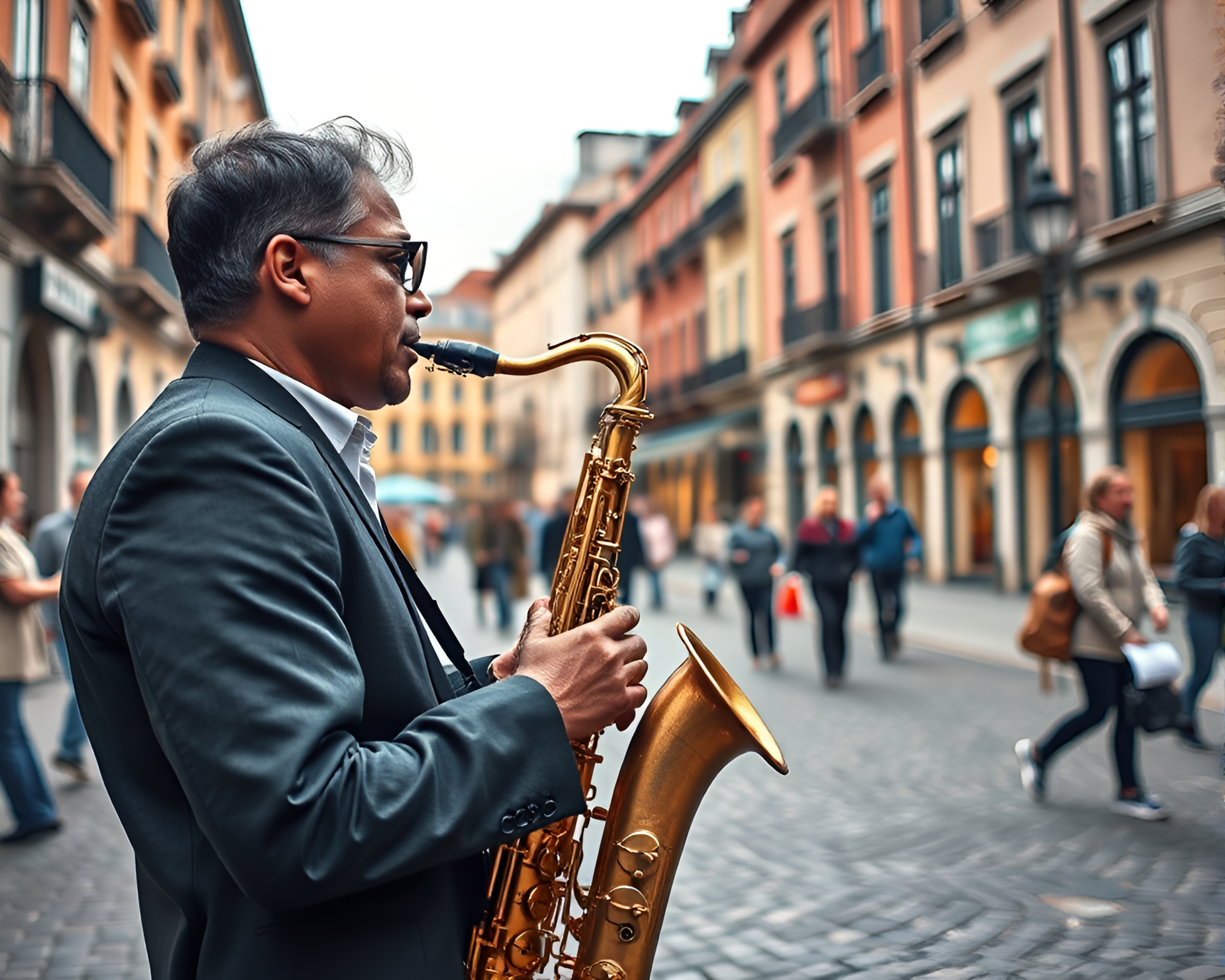 Melodic Saxophone Performance Brings City Square Alive – free AI stock image
