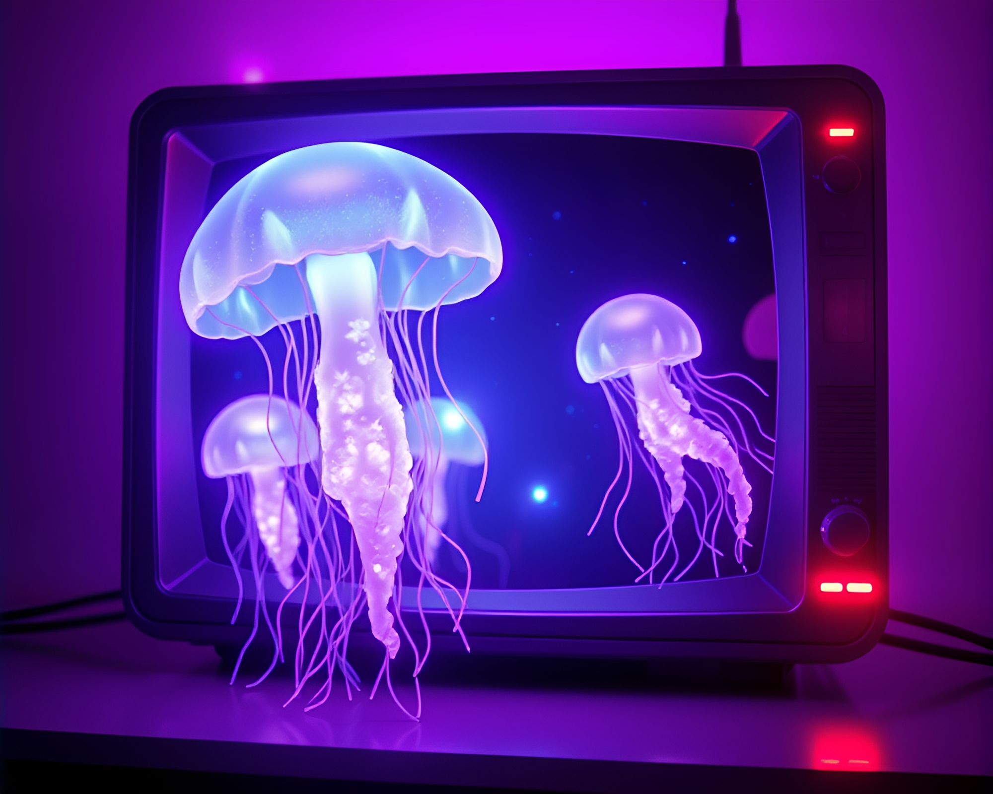 Enchanting Bioluminescent Jellyfish Illuminate CRT Screen in High-Poly 3D Render – free AI stock image