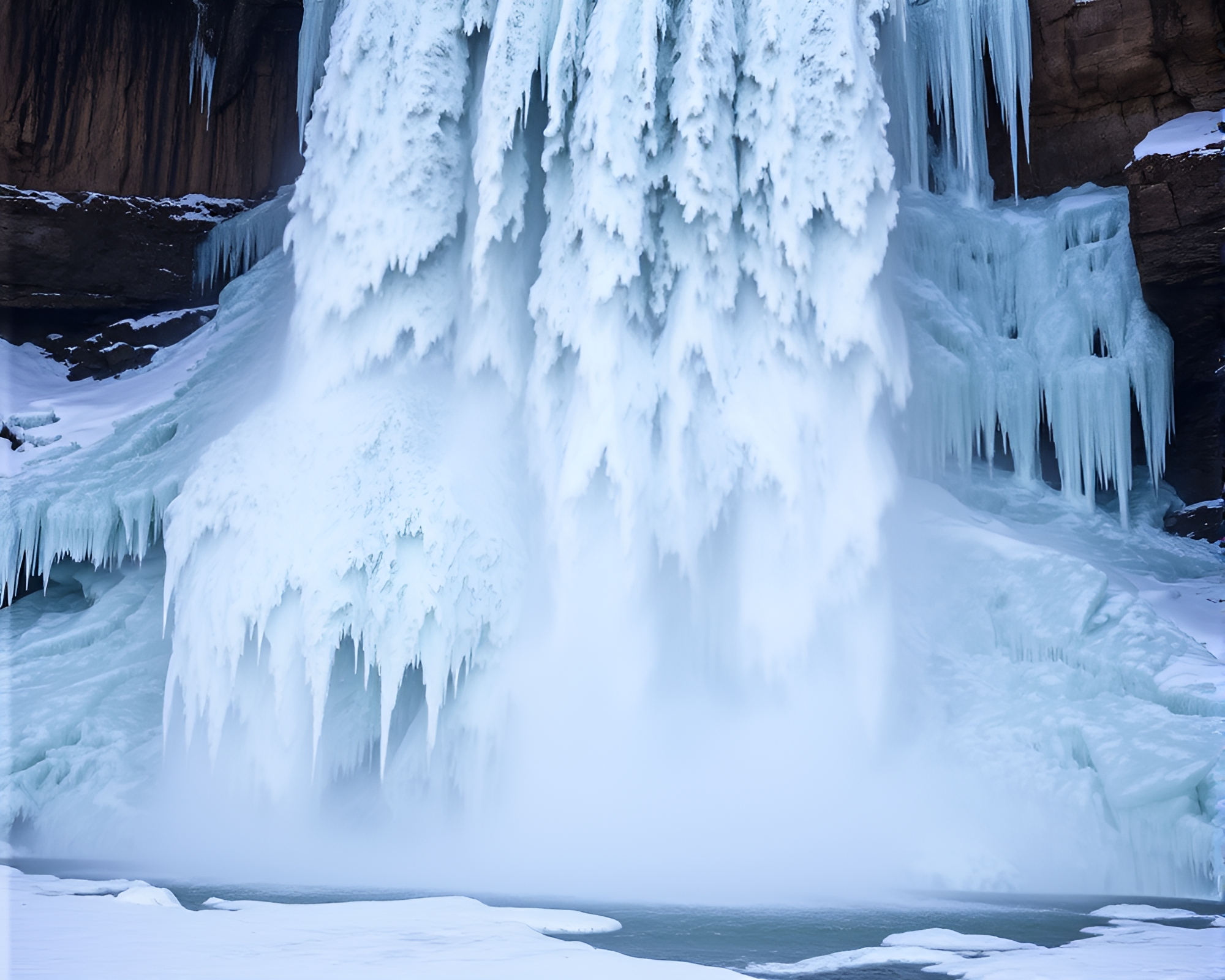 Stunning Cascade: Frozen Waterfall in Winter Wonderland – free AI stock image
