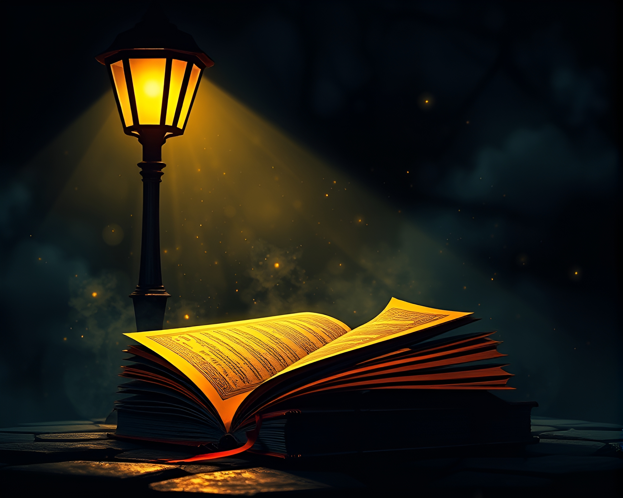 Enchanted Book Under Streetlamp in Noir Glow – free AI stock image