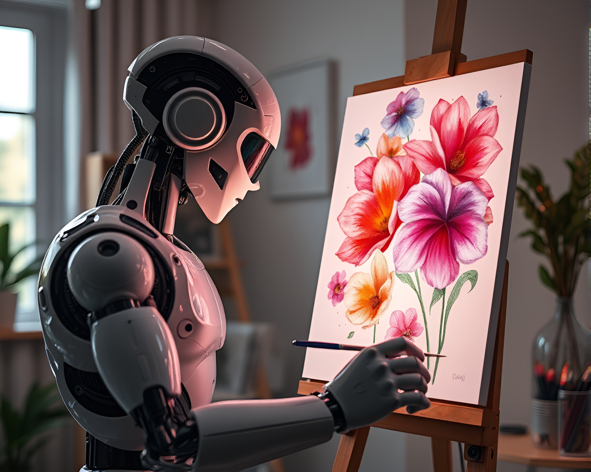 Robot artist creates mesmerizing watercolor blooms – free AI stock image