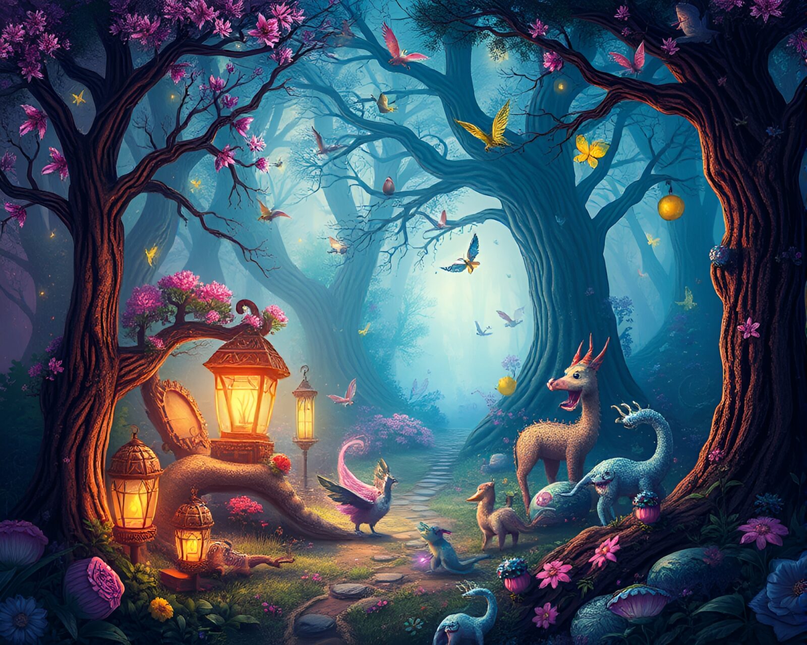 View of a fantastical forest setting with mystical elements