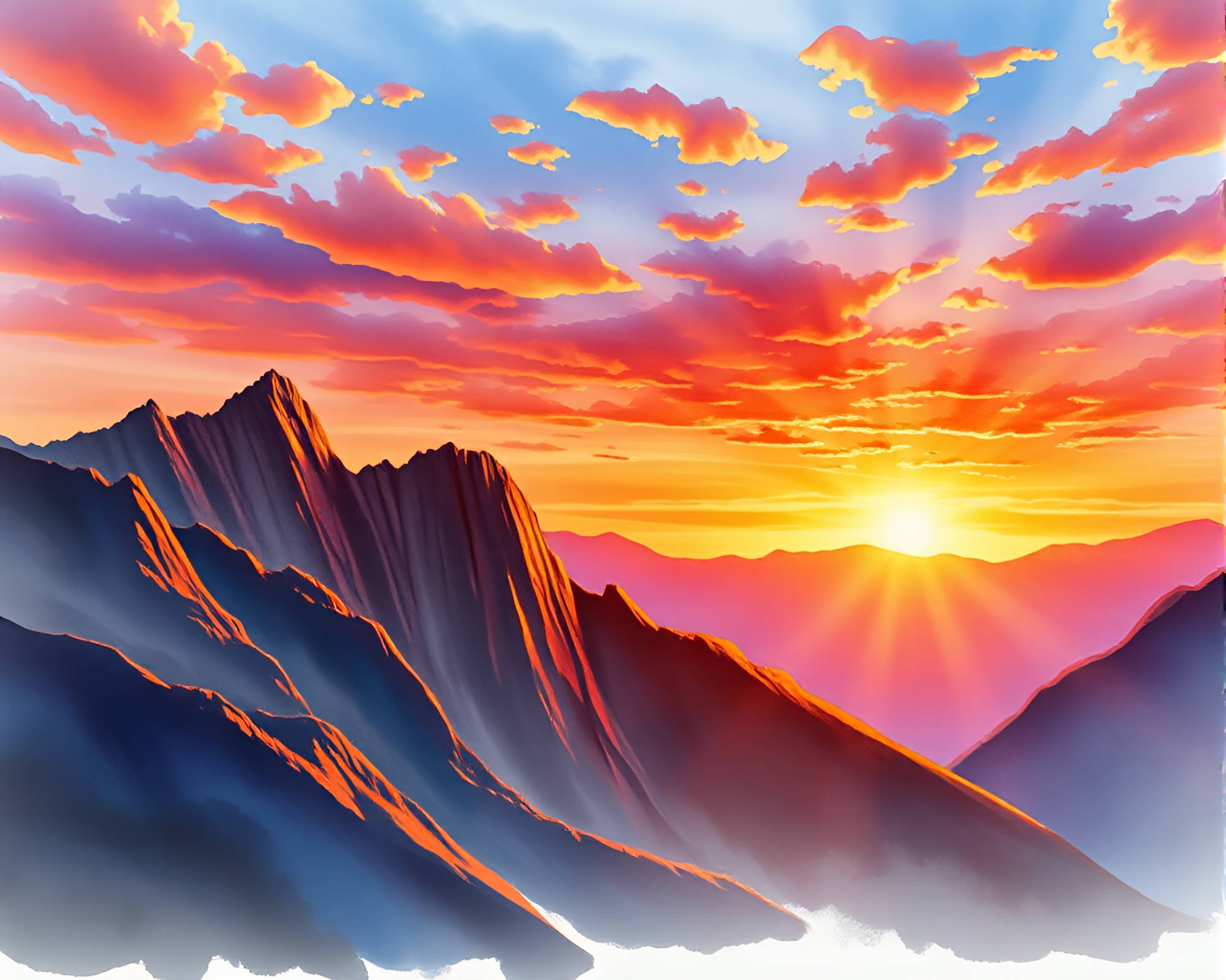 Vibrant Watercolor Sunset over Majestic Mountains – free AI stock image