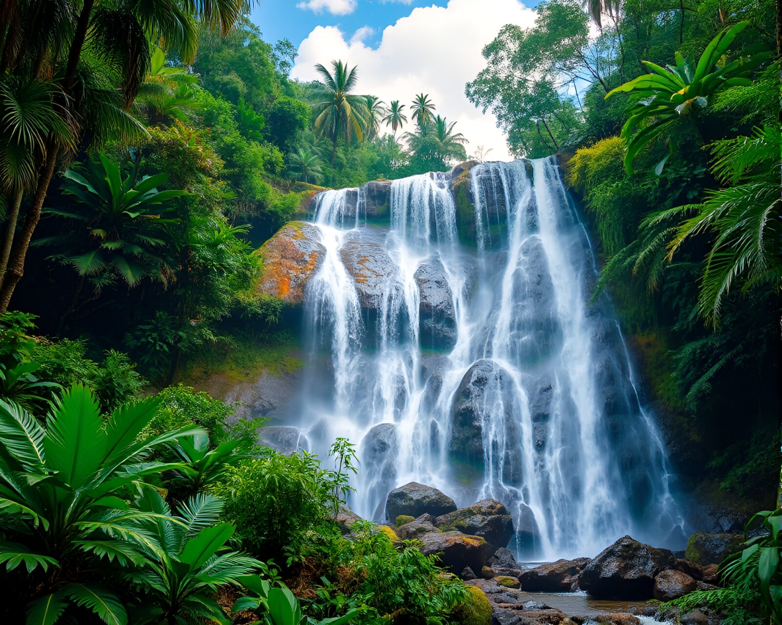 Stunning waterfall in Beautiful jungle Landscape Under Bright Sunlight