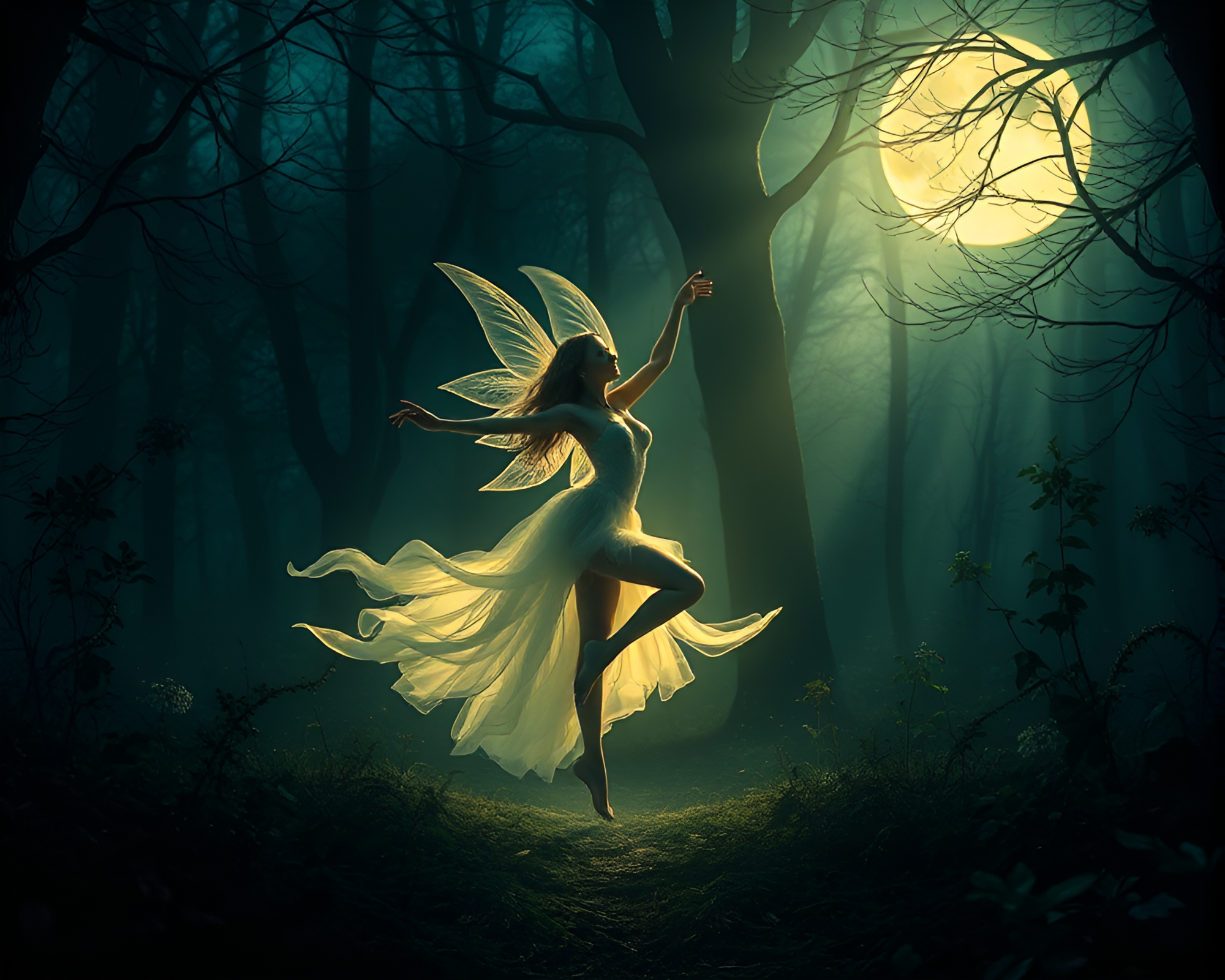 Ethereal Forest Nymph Dancing Under Moonlight – free AI stock image