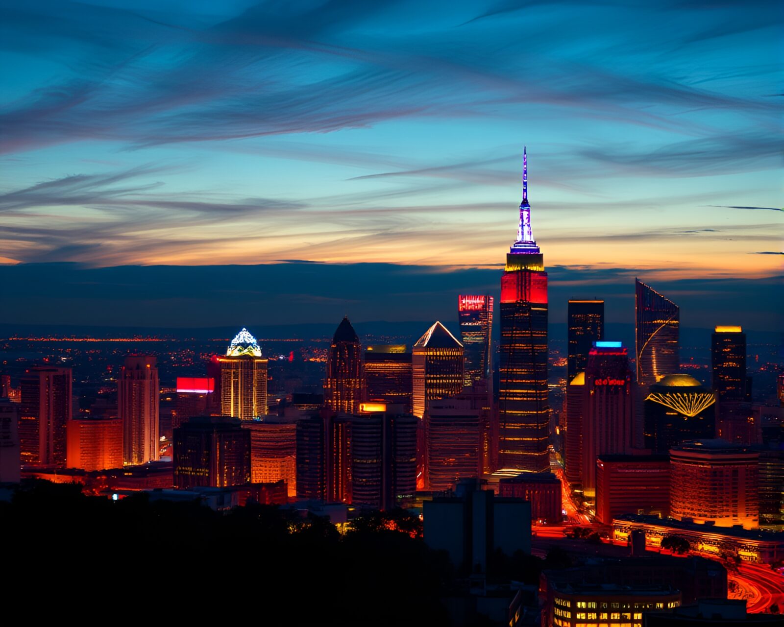 Colorful and dynamic city skyline silhouette at sunset