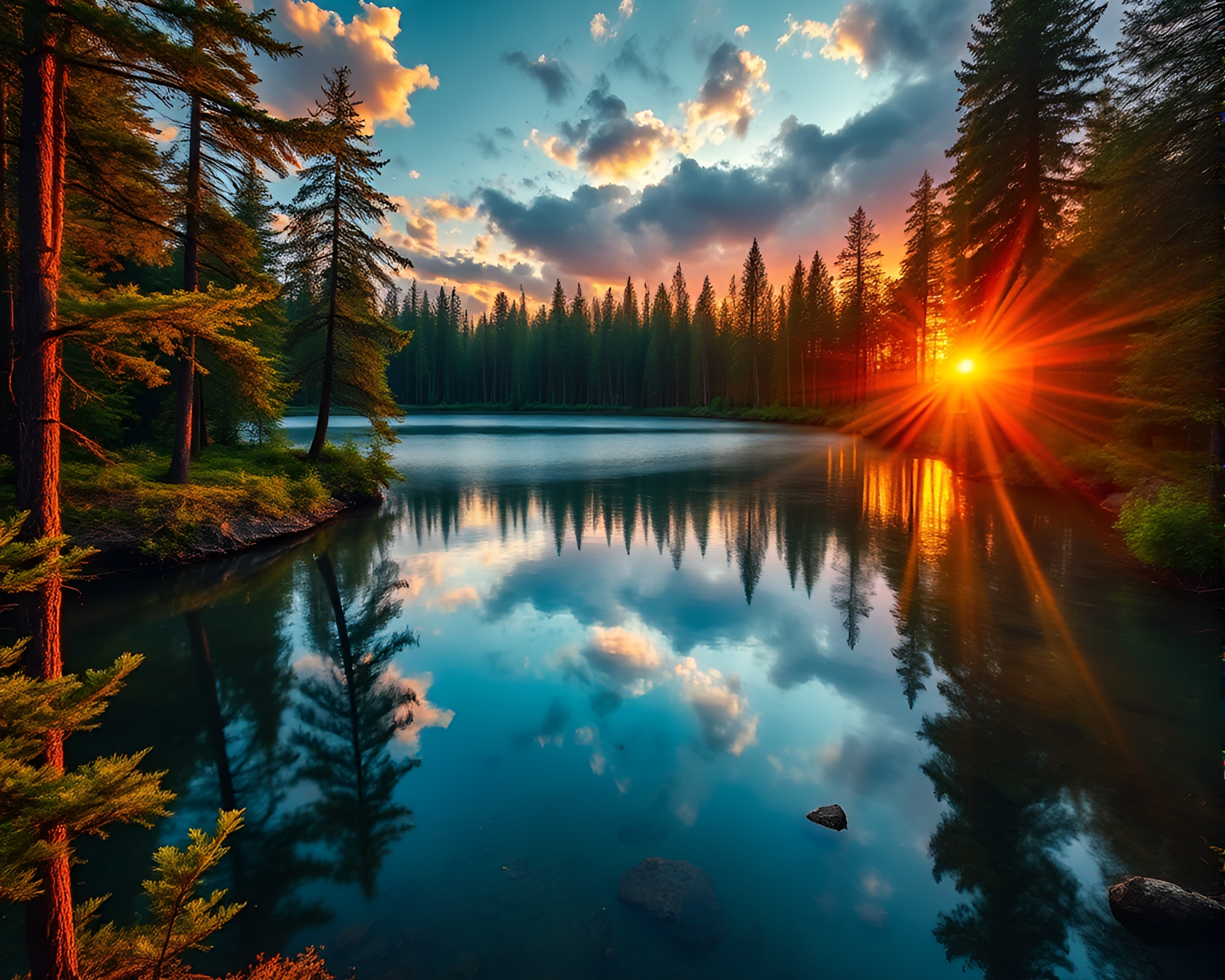 Majestic Sunrise over Forest Lake – free AI stock image