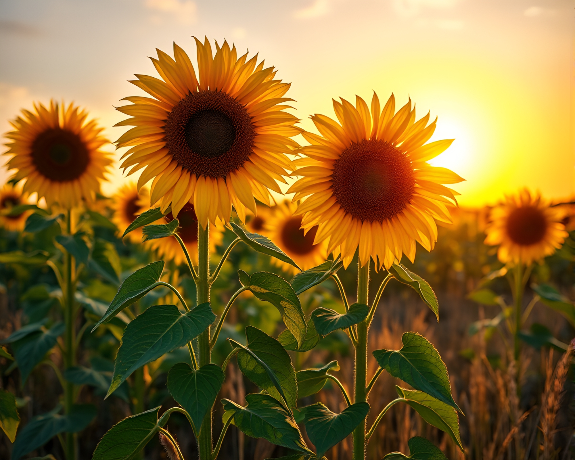 Majestic Sunflowers in Sunset Glow – free AI stock image