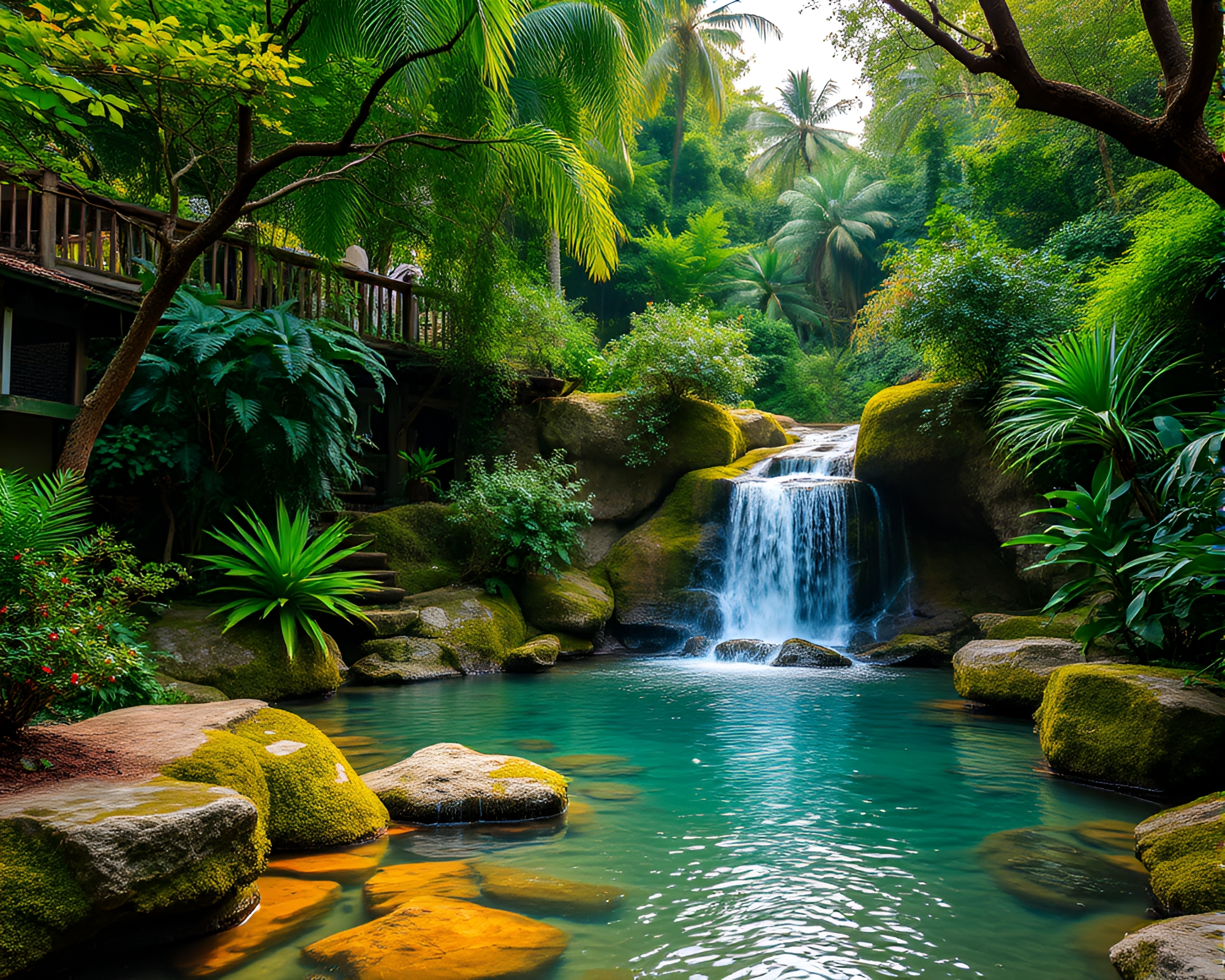 Tranquil Waterfall Oasis Surrounded by Vibrant Greenery – free AI stock image