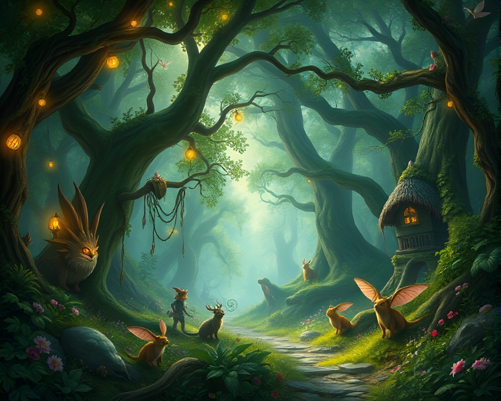 Magical forest with whimsical creatures and mystical ambiance