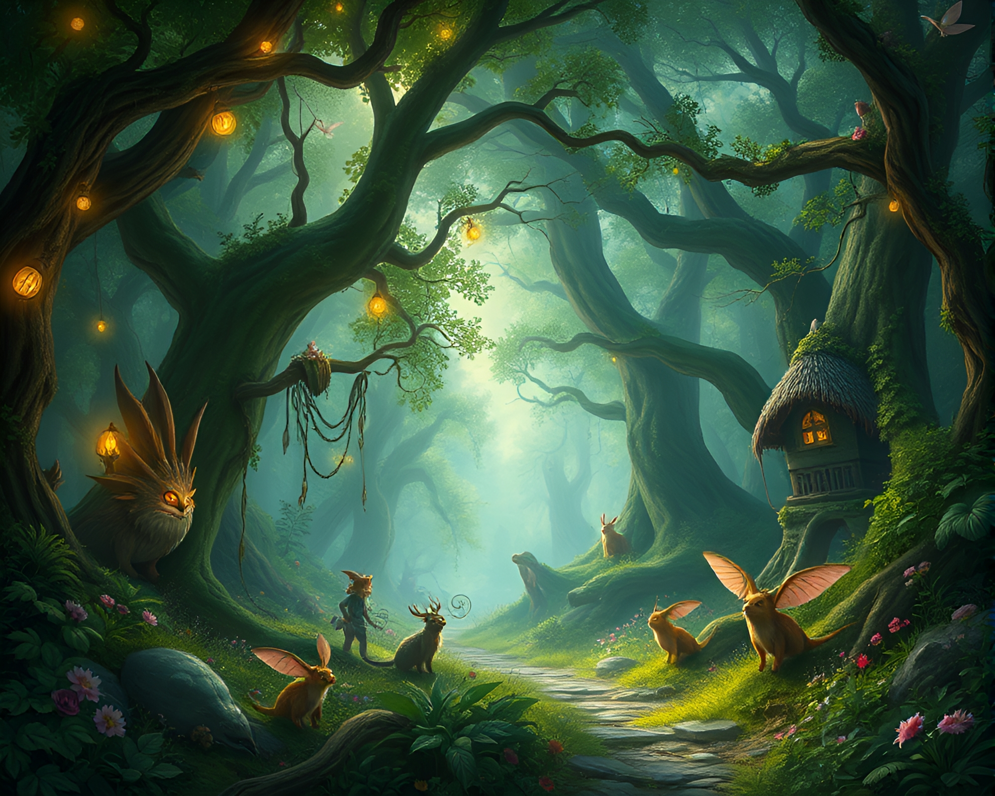 Mystical Forest Scene with Enchanted Creatures – free AI stock image