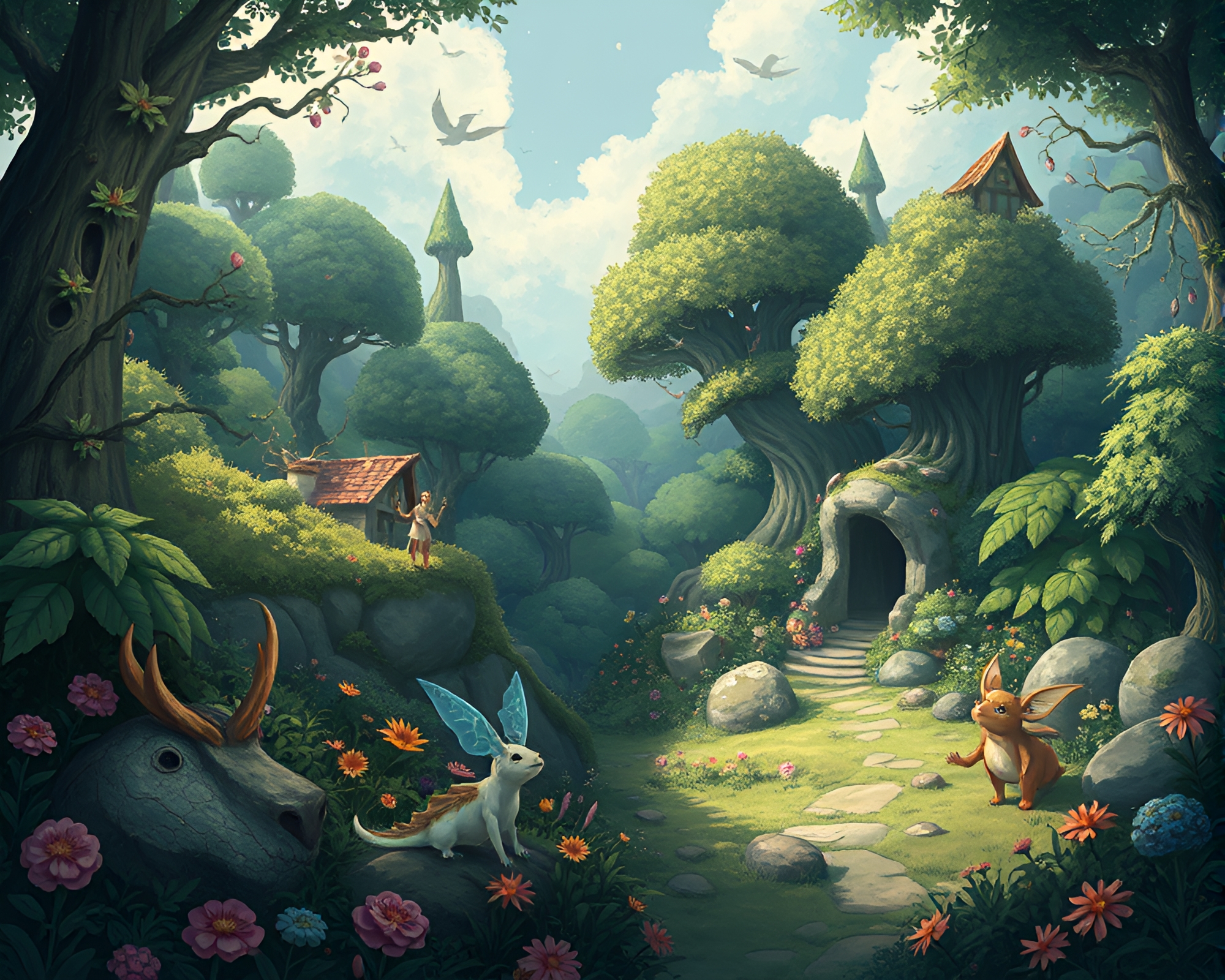 Mystical Forest Landscape with Enchanted Creatures and Foliage – free AI stock image