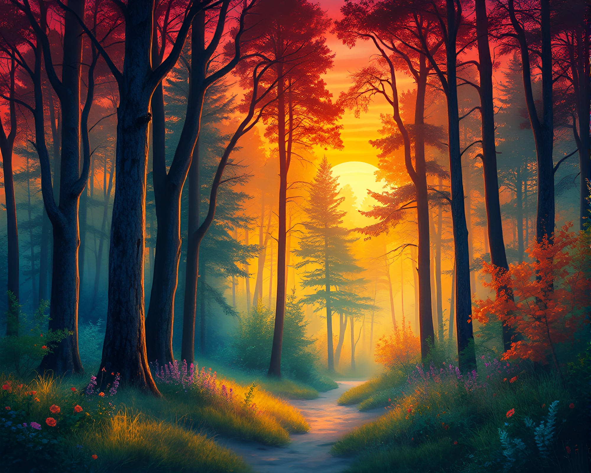 Mystical Enchanted Forest Sunset Aquarelle Painting – free AI stock image
